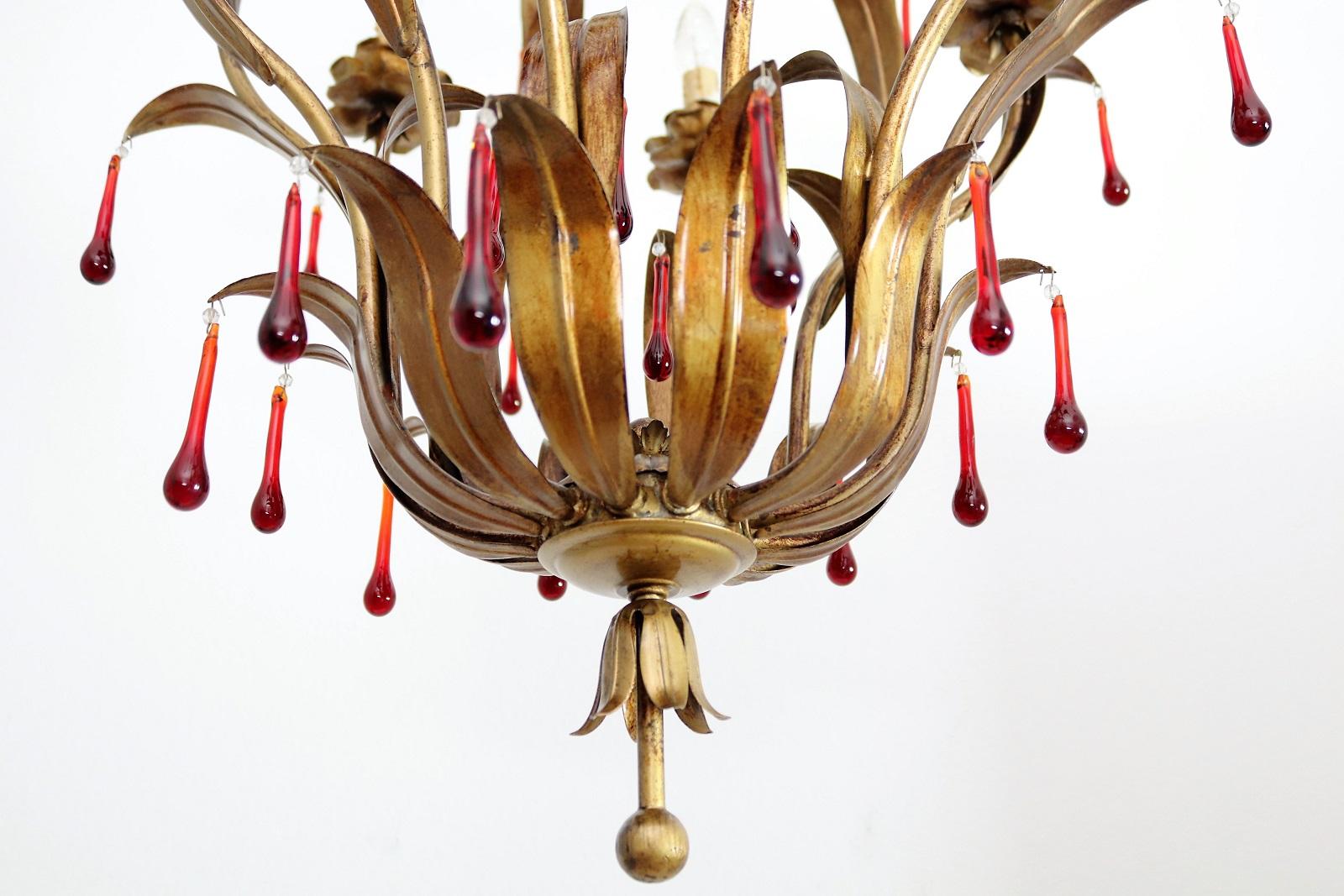 Metal Italian Midcentury Gilt Florentine Chandelier with Red Murano Glass Drops, 1970s For Sale