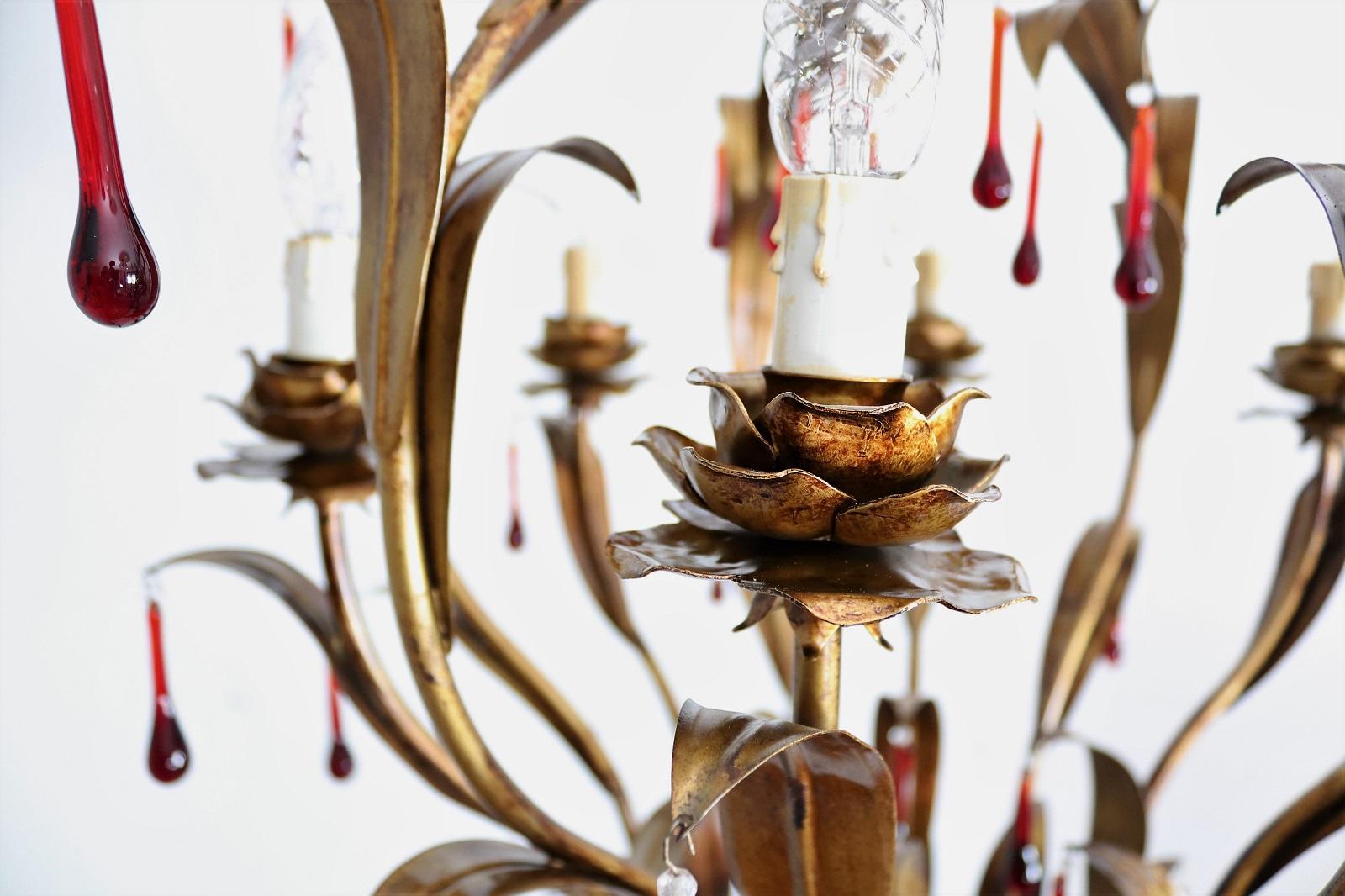 Italian Midcentury Gilt Florentine Chandelier with Red Murano Glass Drops, 1970s For Sale 1