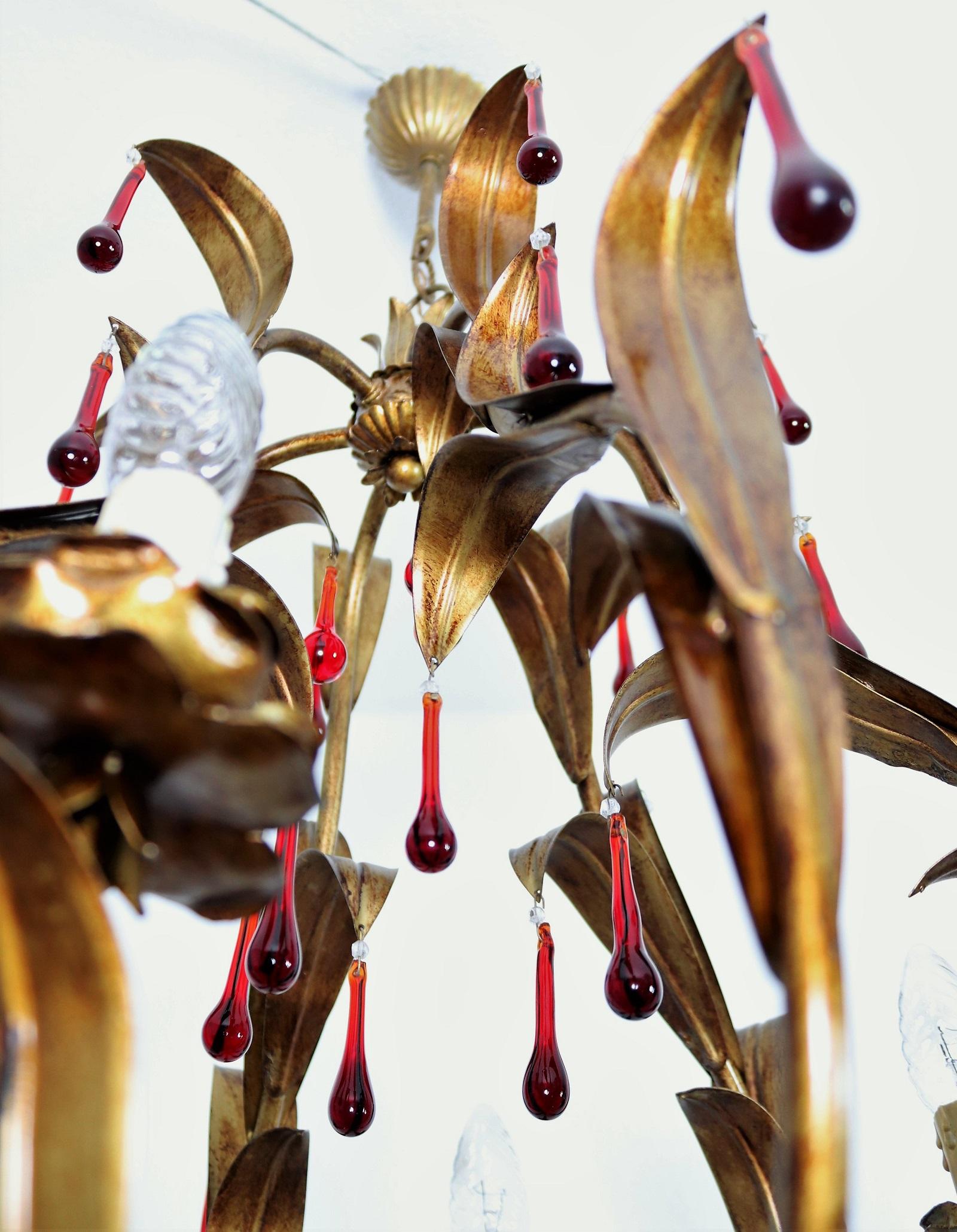 Italian Midcentury Gilt Florentine Chandelier with Red Murano Glass Drops, 1970s For Sale 2