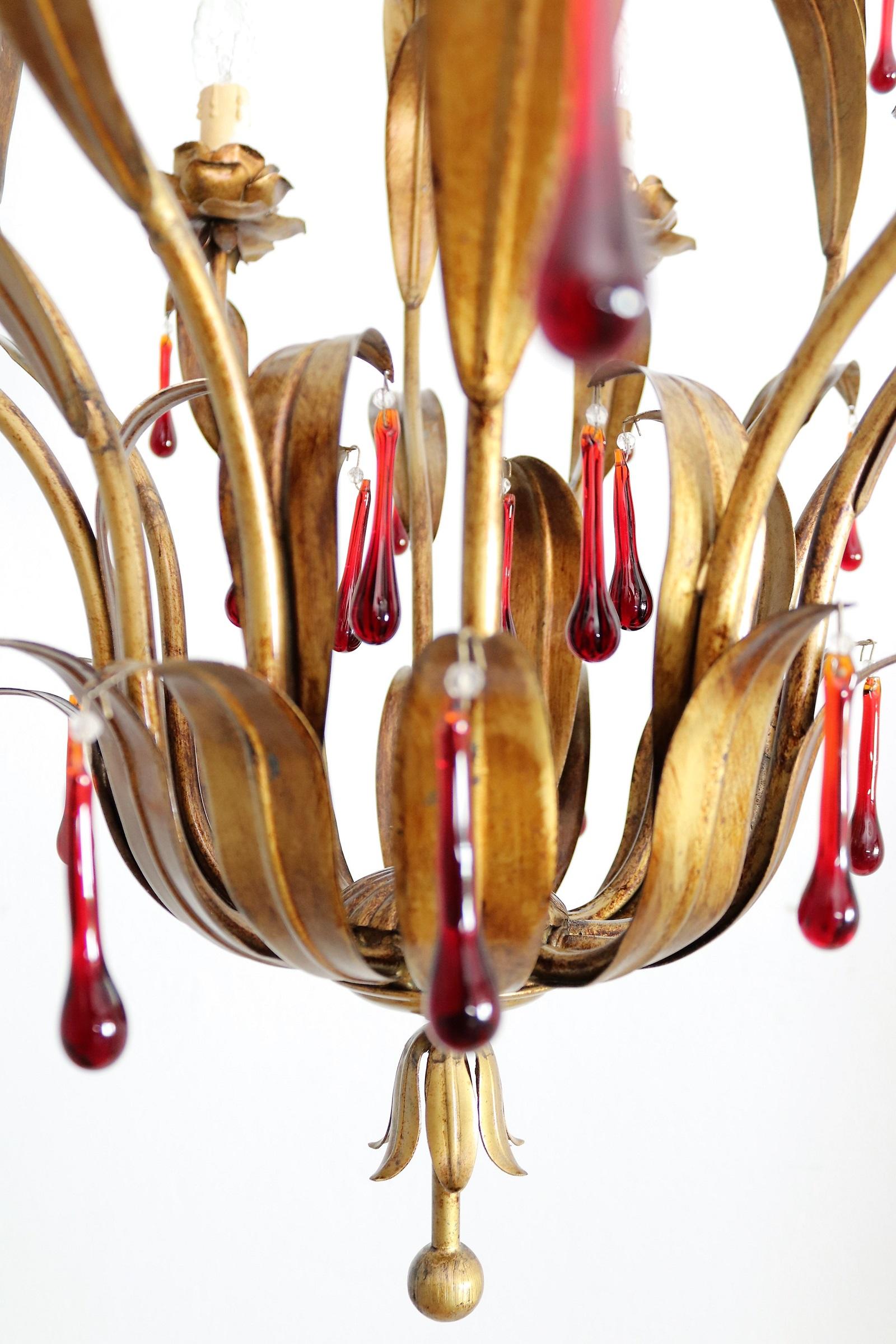 Italian Midcentury Gilt Florentine Chandelier with Red Murano Glass Drops, 1970s For Sale 3