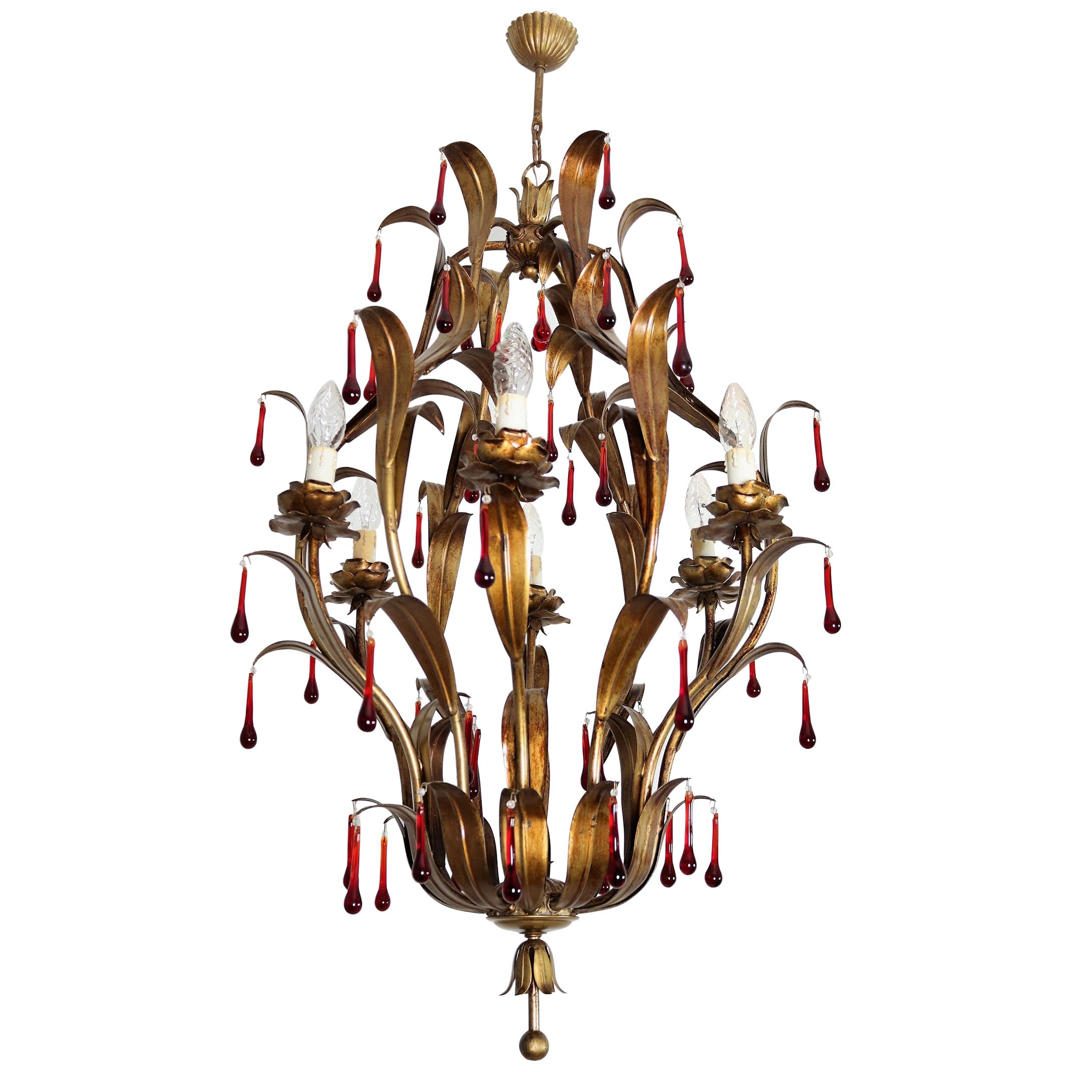 Italian Midcentury Gilt Florentine Chandelier with Red Murano Glass Drops, 1970s