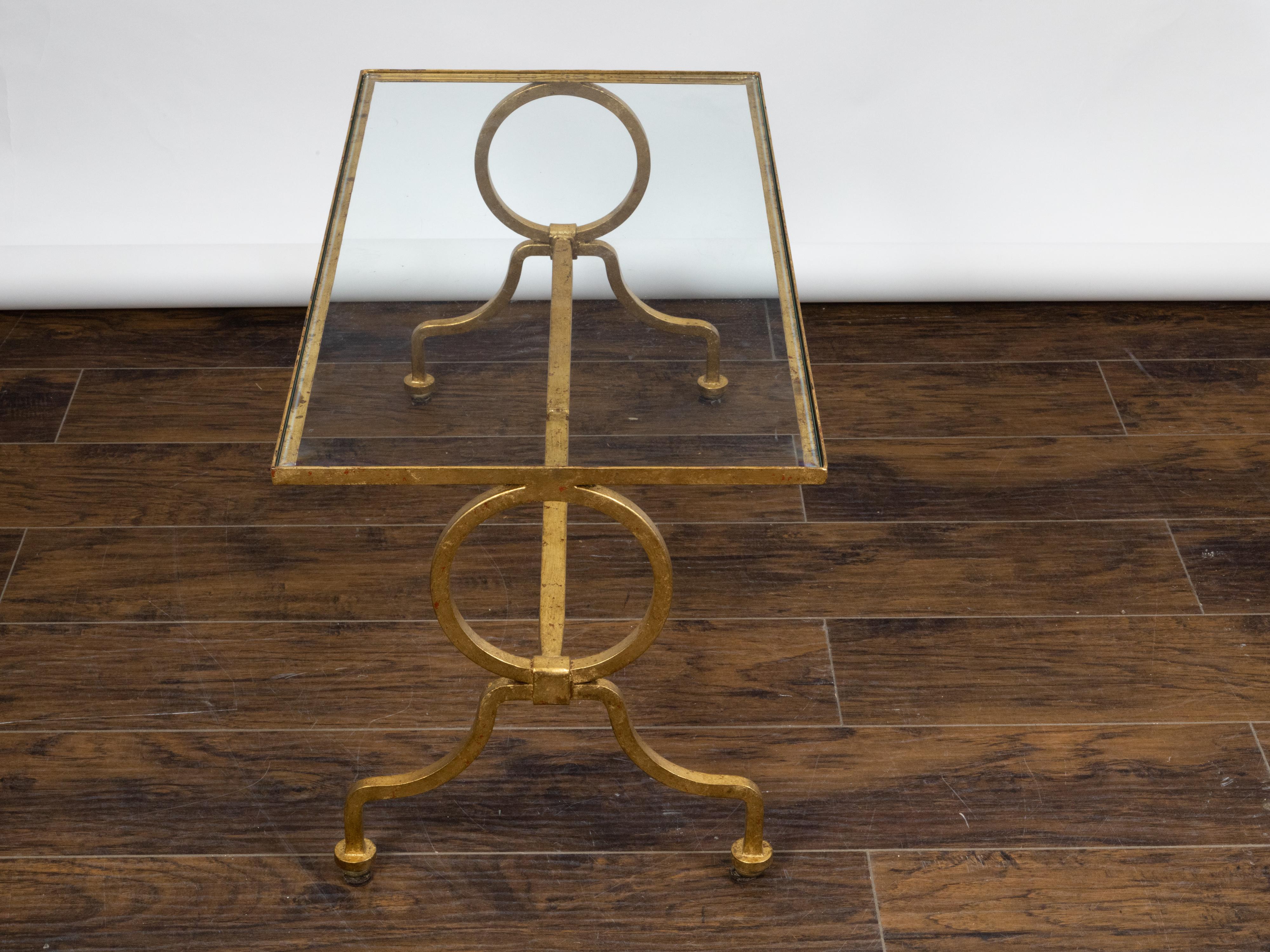 Italian Midcentury Gilt Iron Coffee Table with Glass Top and Large Rings For Sale 5