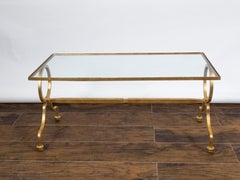Italian Midcentury Gilt Iron Coffee Table with Glass Top and Large Rings