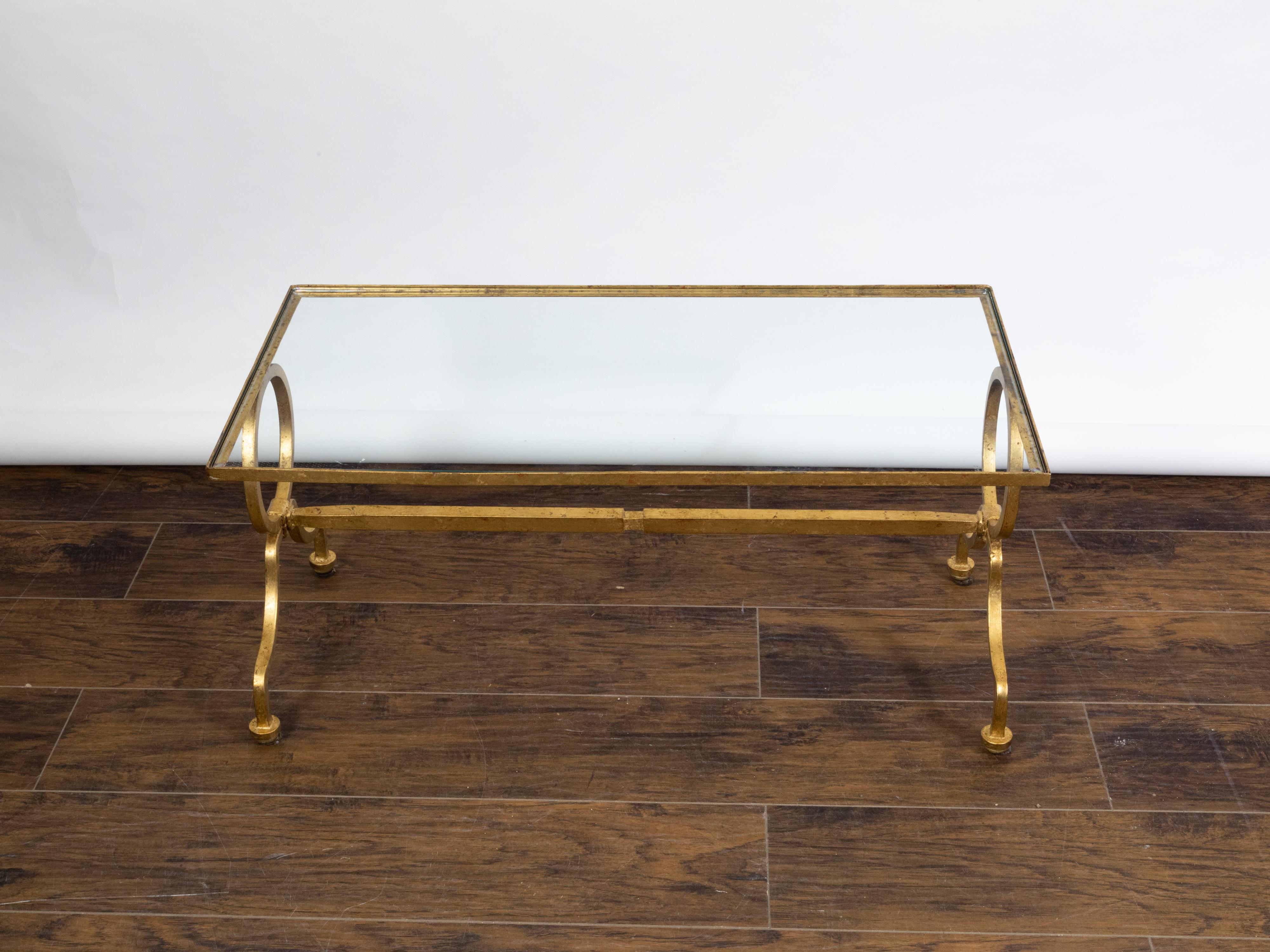 Mid-Century Modern Italian Midcentury Gilt Iron Coffee Table with Glass Top and Large Rings For Sale