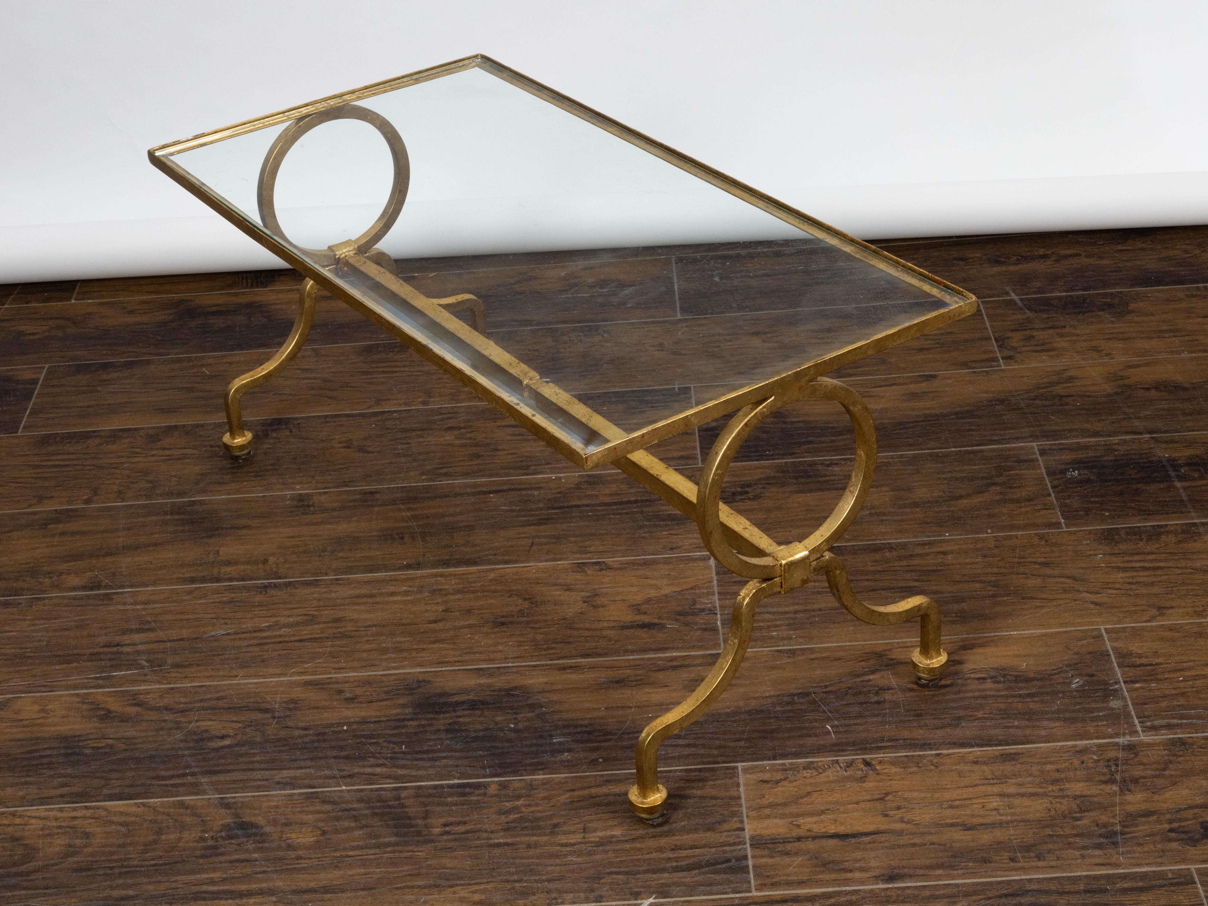 Italian Midcentury Gilt Iron Coffee Table with Glass Top and Large Rings For Sale 1