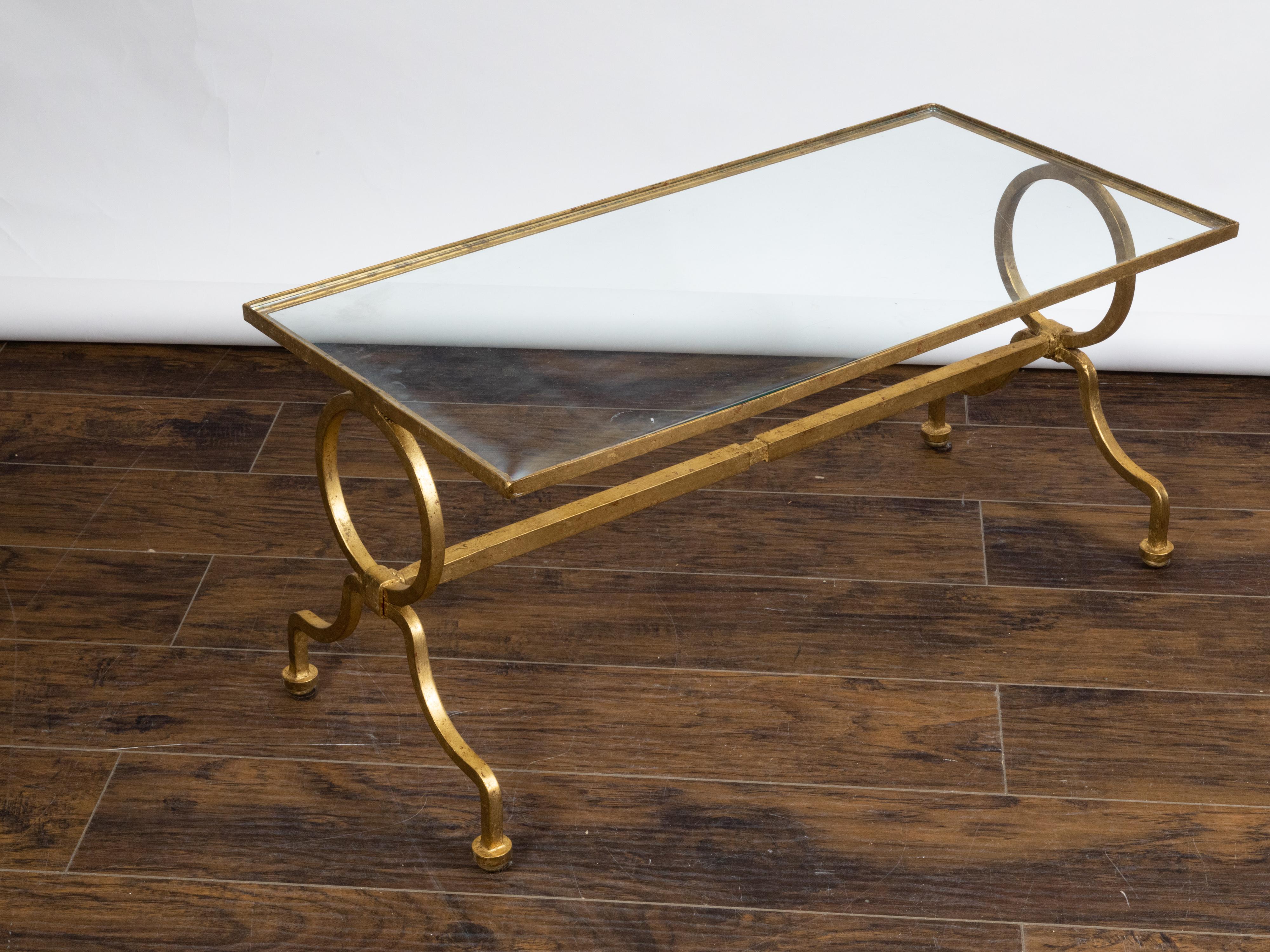 Italian Midcentury Gilt Iron Coffee Table with Glass Top and Large Rings For Sale 2