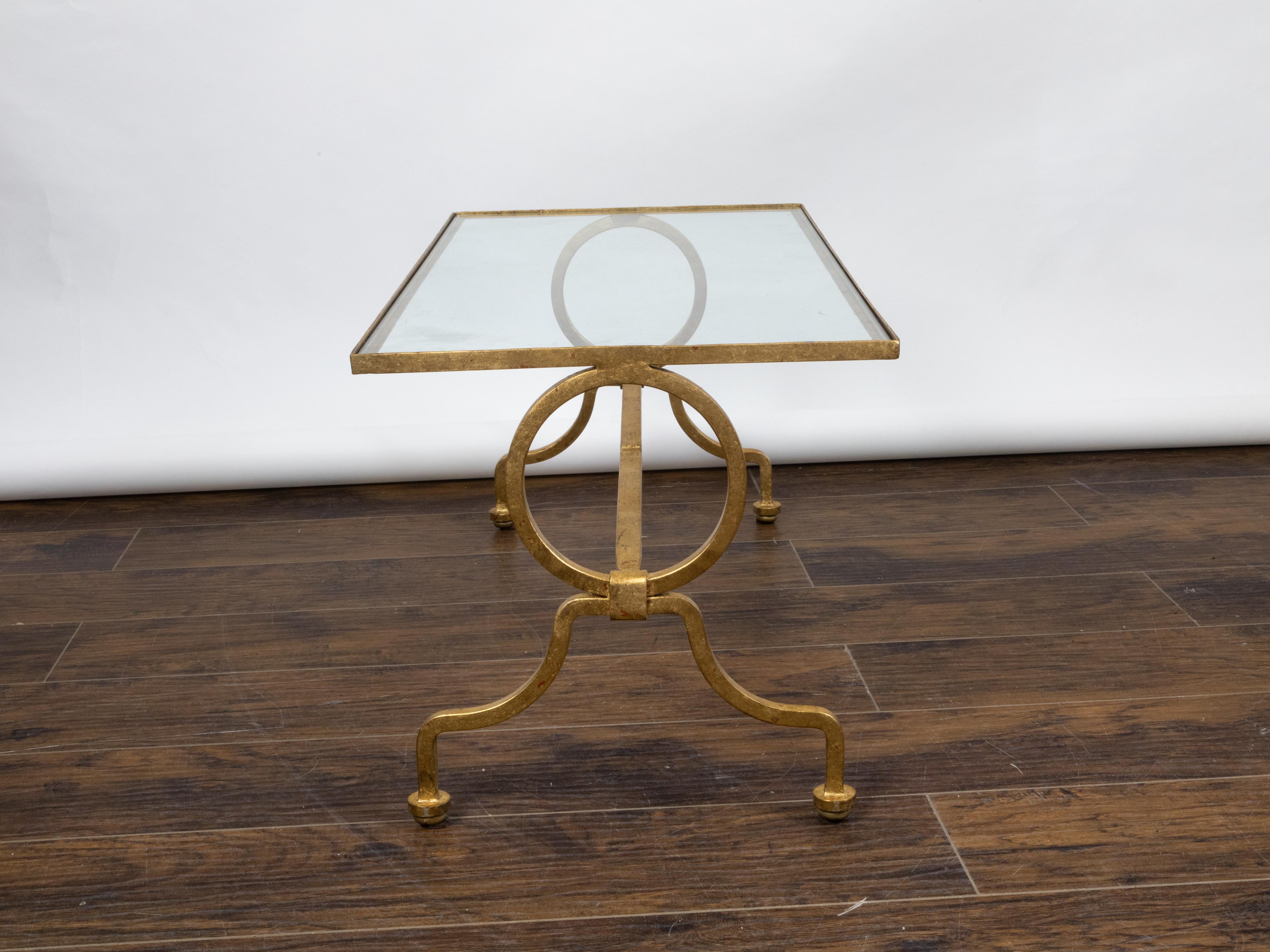 Italian Midcentury Gilt Iron Coffee Table with Glass Top and Large Rings For Sale 3