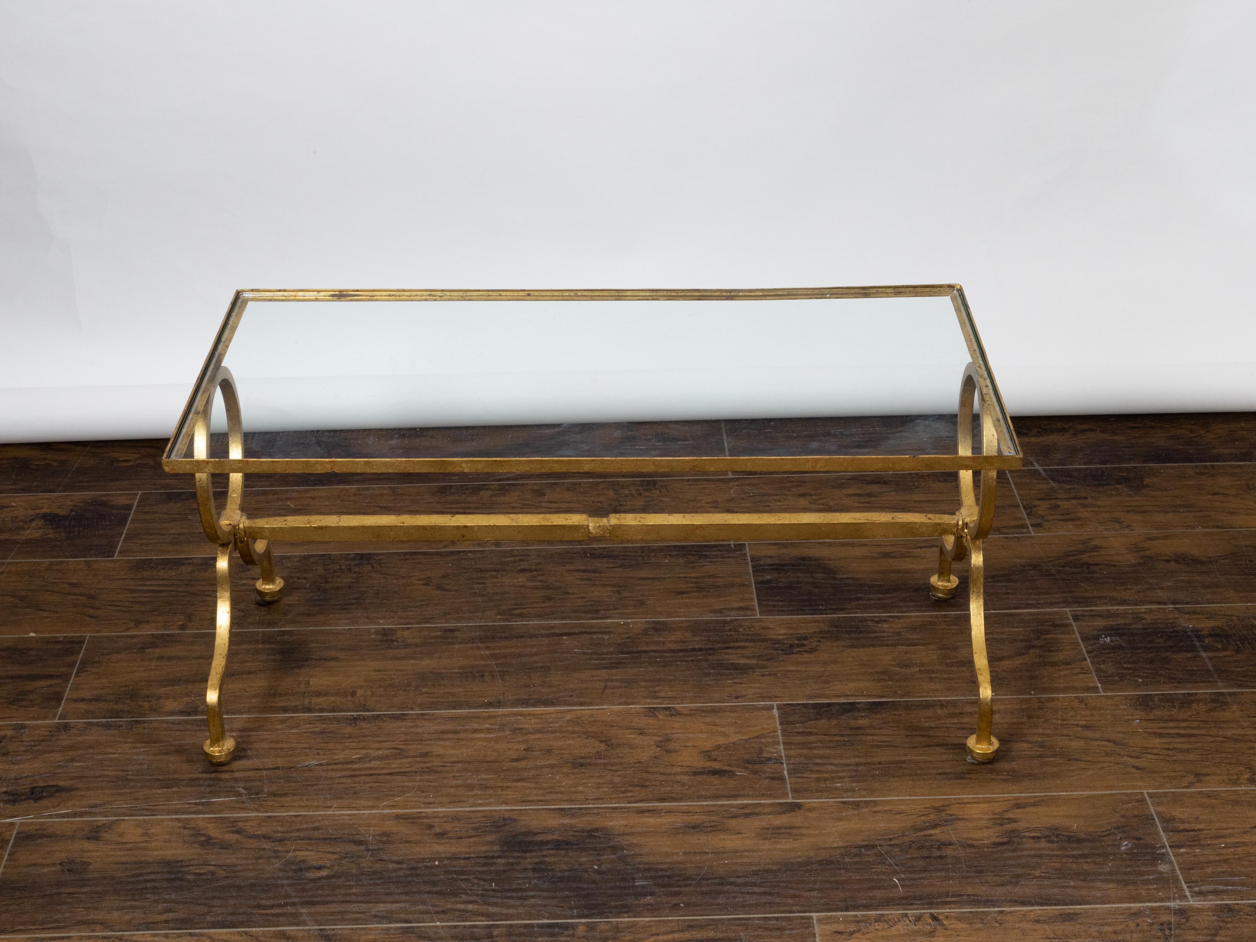 Italian Midcentury Gilt Iron Coffee Table with Glass Top and Large Rings For Sale 4