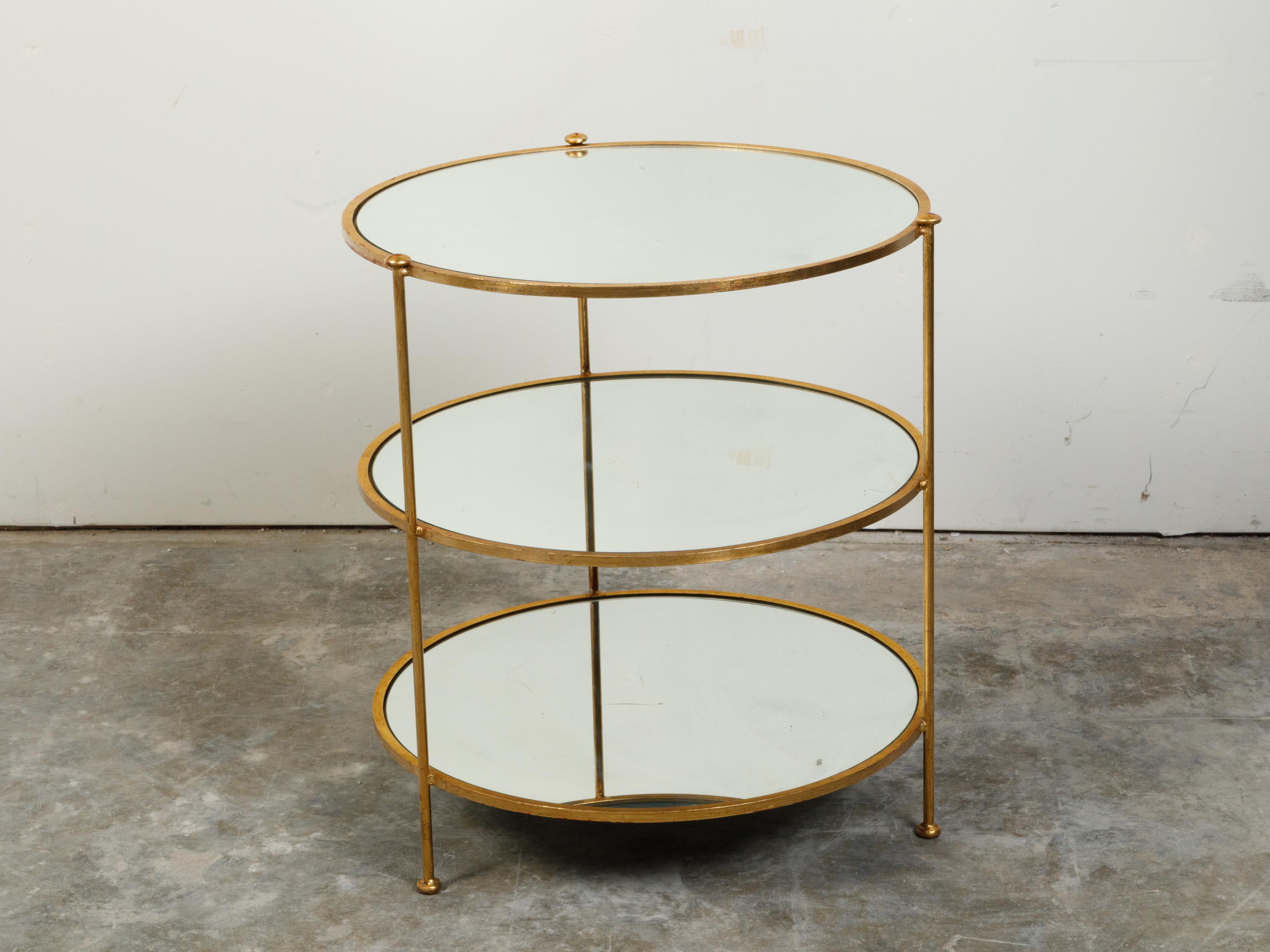 20th Century Italian Midcentury Gilt Iron Three-Tier Side Table with Round Mirrored Shelves For Sale