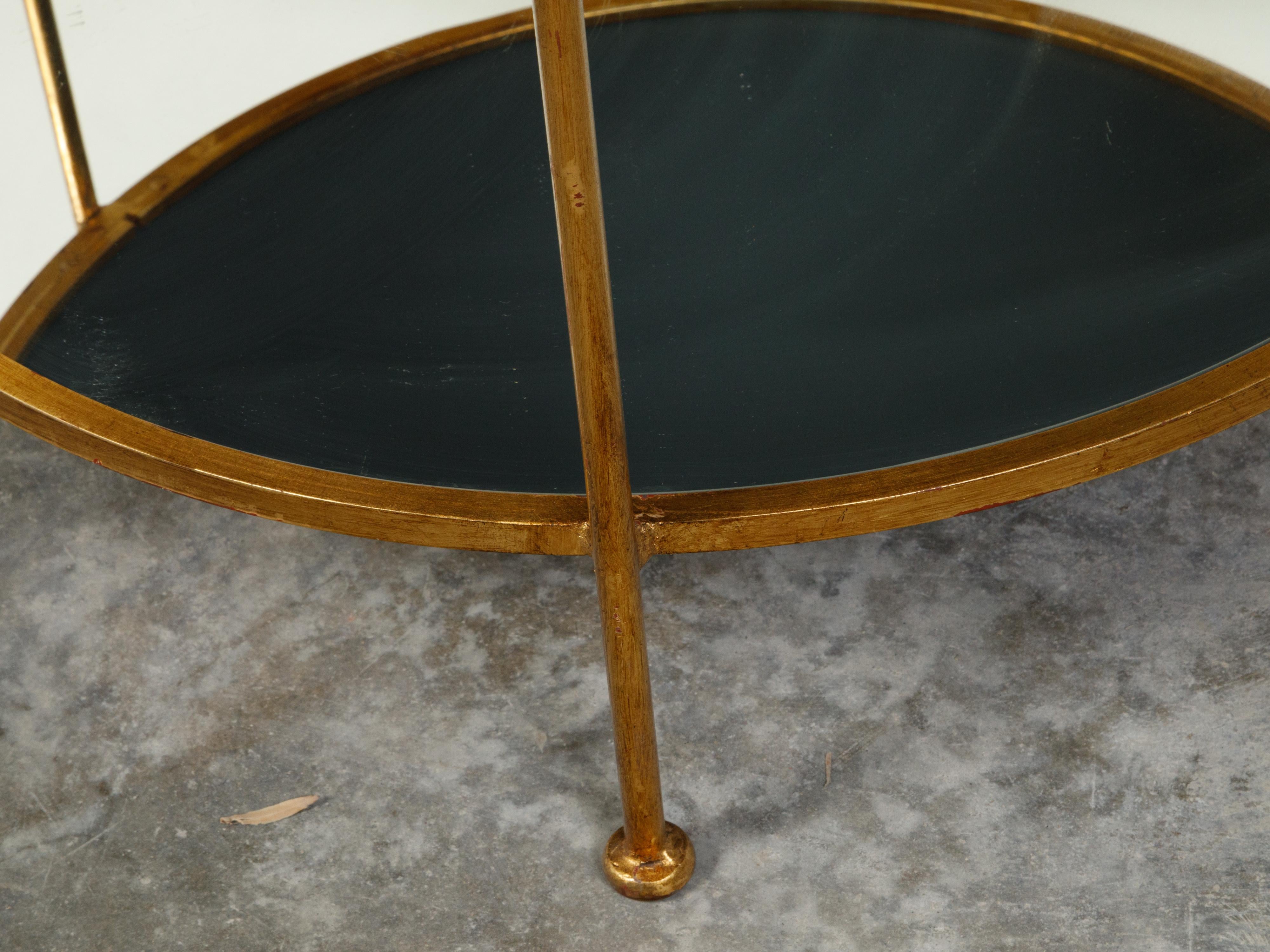 Italian Midcentury Gilt Iron Three-Tier Side Table with Round Mirrored Shelves For Sale 2