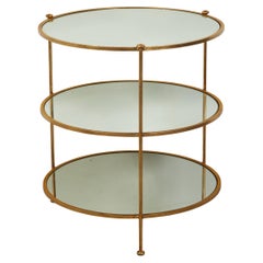 Retro Italian Midcentury Gilt Iron Three-Tier Side Table with Round Mirrored Shelves