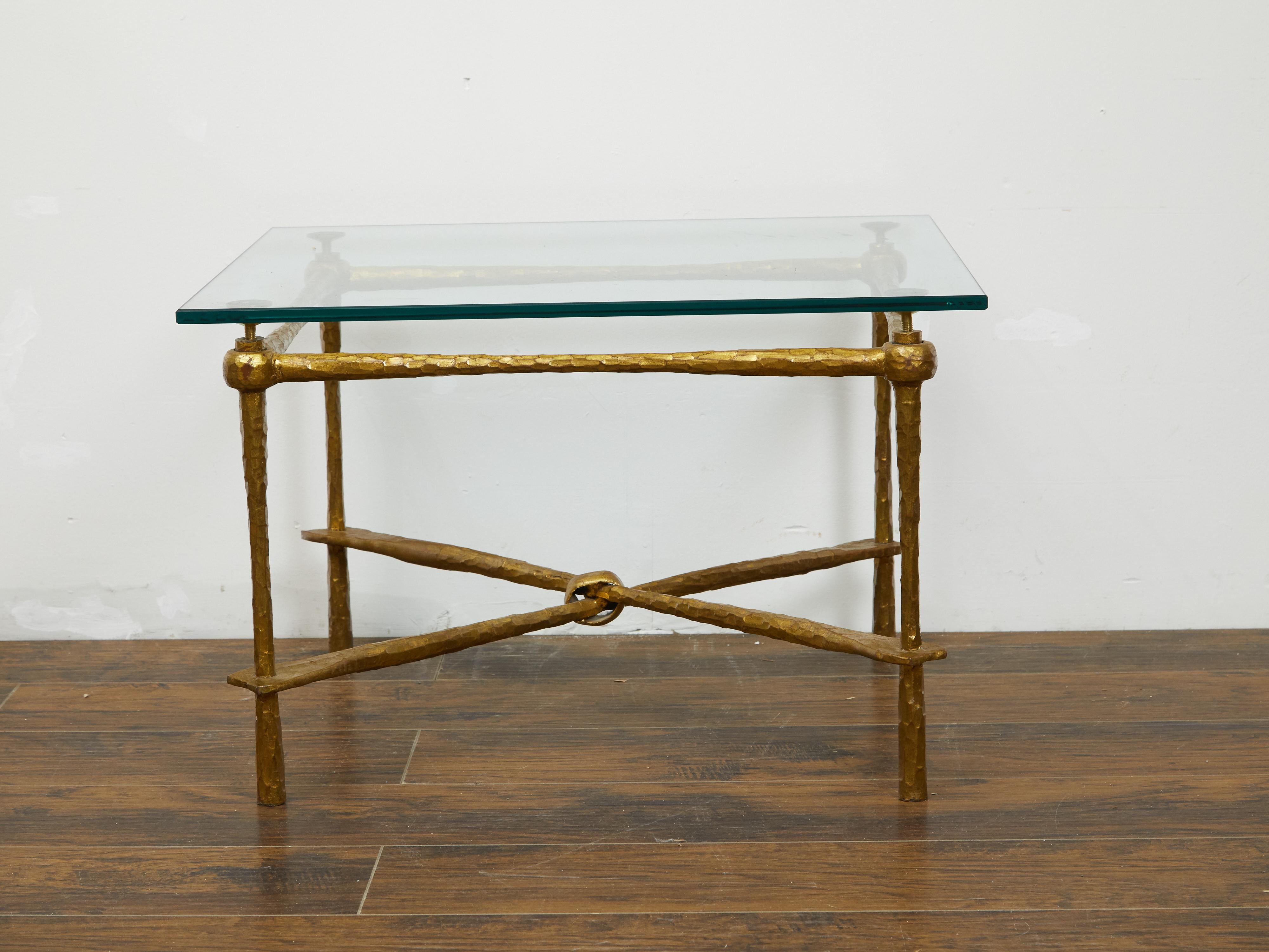 Mid-Century Modern Italian Midcentury Gilt Metal Coffee Table with Glass Top and Hammered Accents For Sale