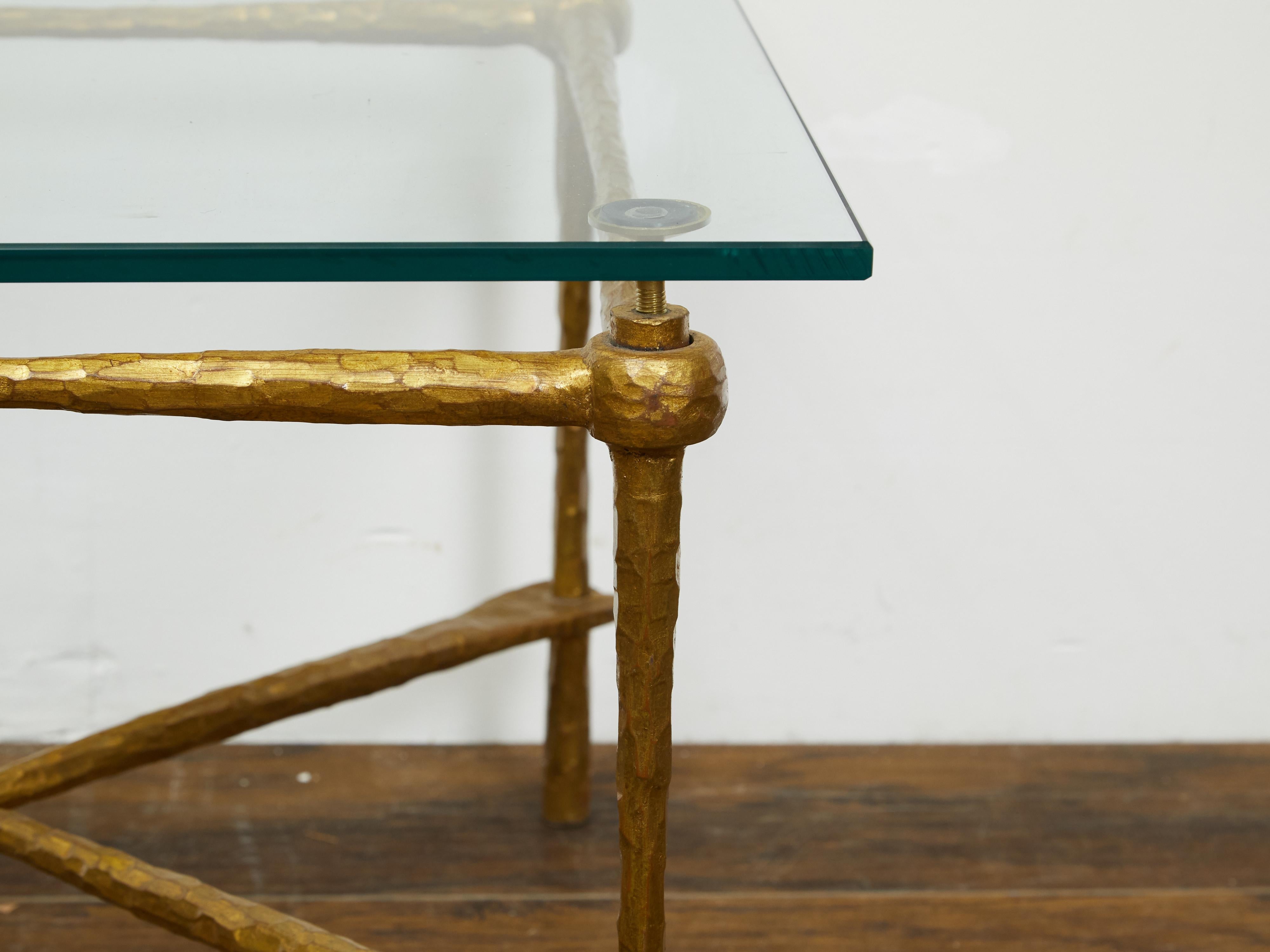 20th Century Italian Midcentury Gilt Metal Coffee Table with Glass Top and Hammered Accents For Sale