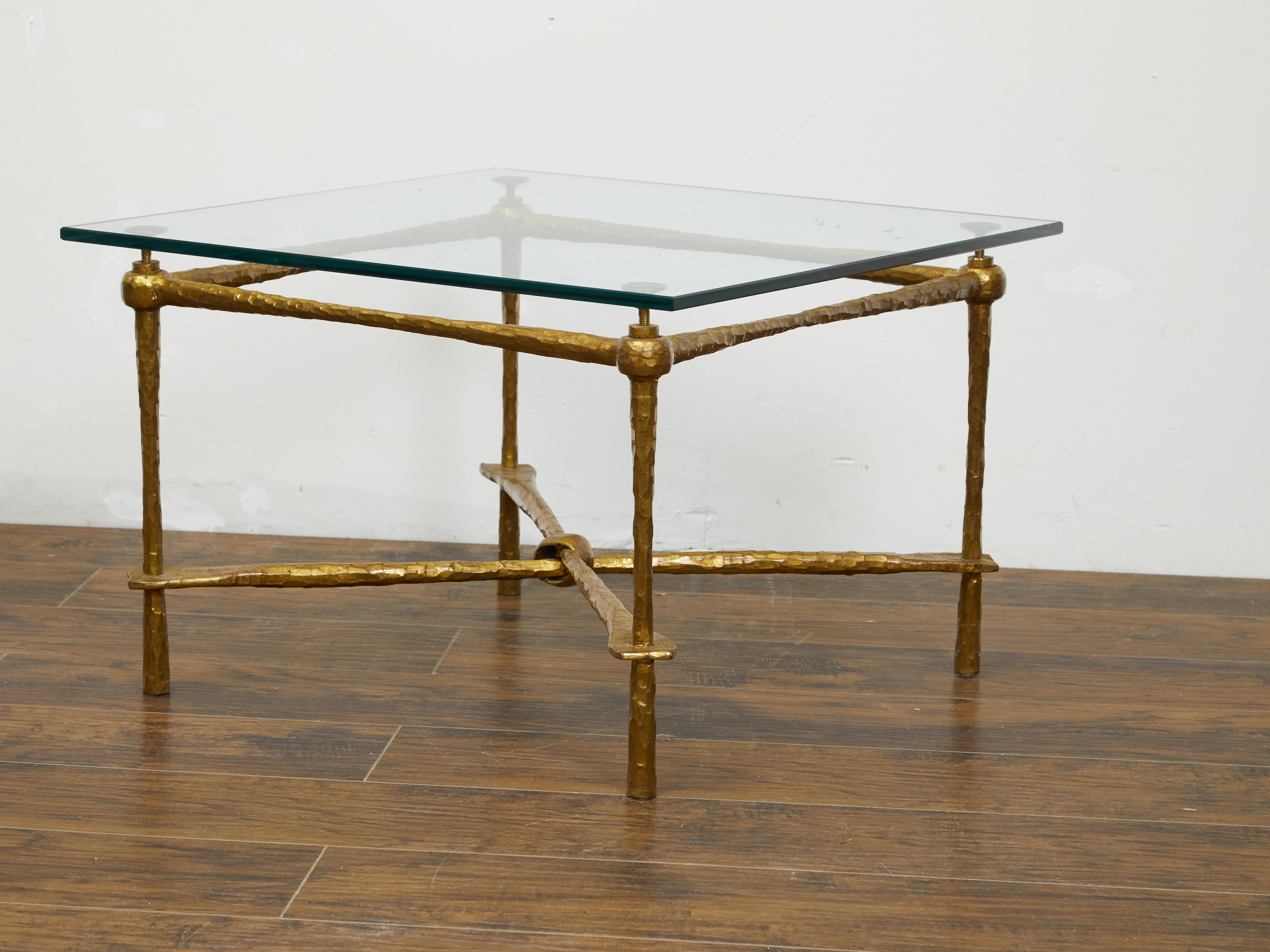 Italian Midcentury Gilt Metal Coffee Table with Glass Top and Hammered Accents For Sale 1
