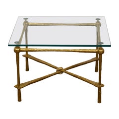 Vintage Italian Midcentury Gilt Metal Coffee Table with Glass Top and Hammered Accents