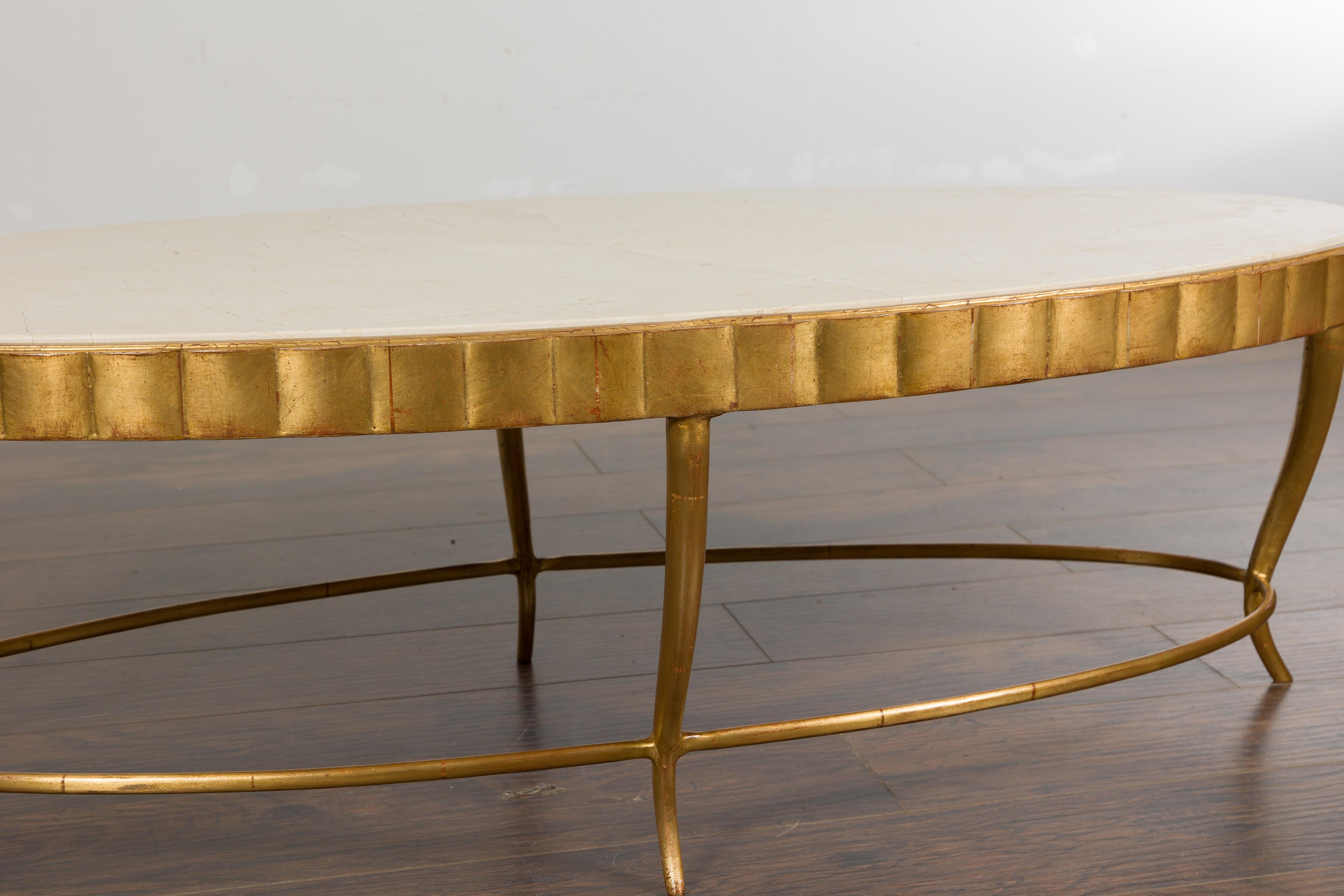 Italian Midcentury Gilt Metal Coffee Table with Oval Cream Marble Top 2