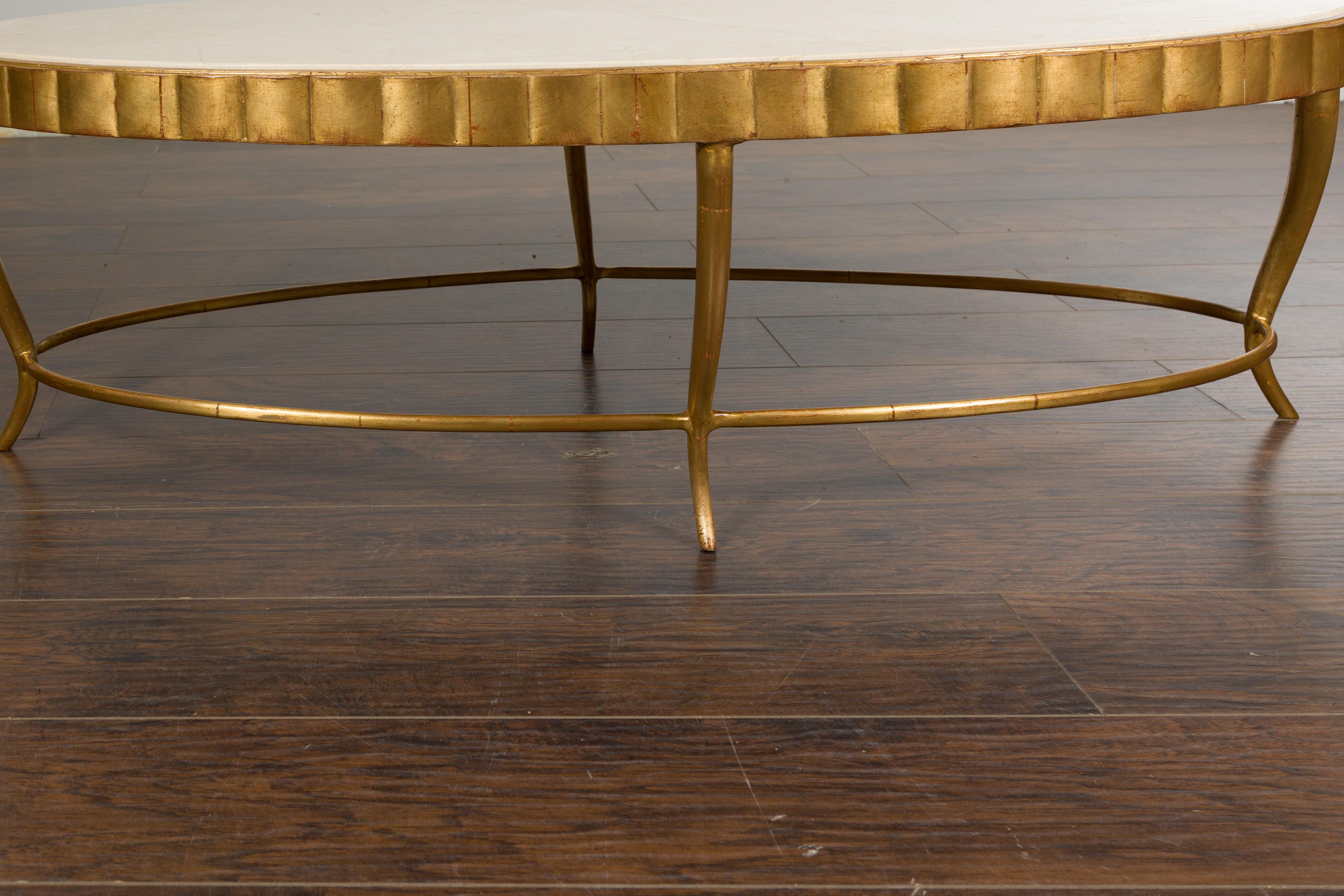 Italian Midcentury Gilt Metal Coffee Table with Oval Cream Marble Top 3