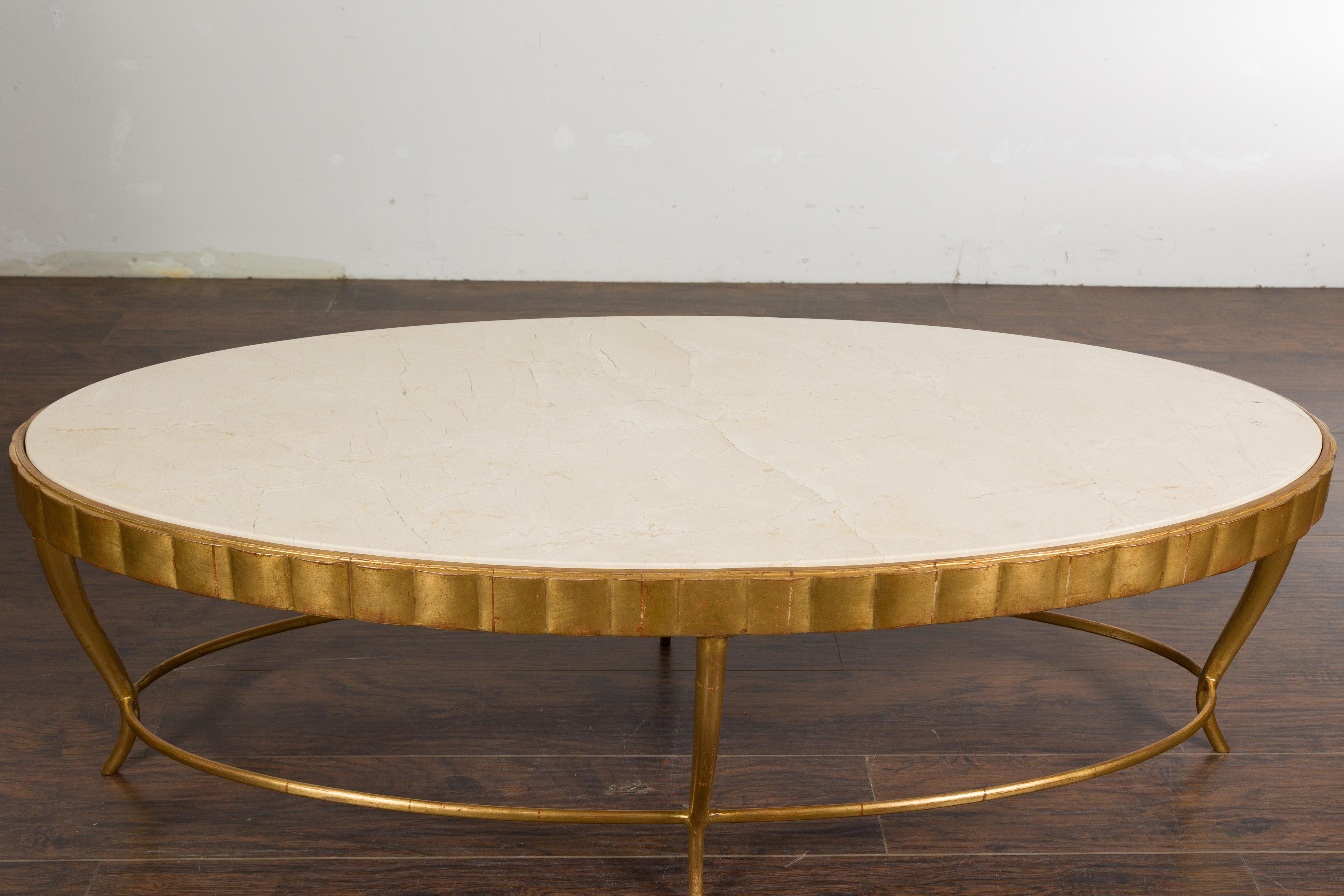 Italian Midcentury Gilt Metal Coffee Table with Oval Cream Marble Top 4