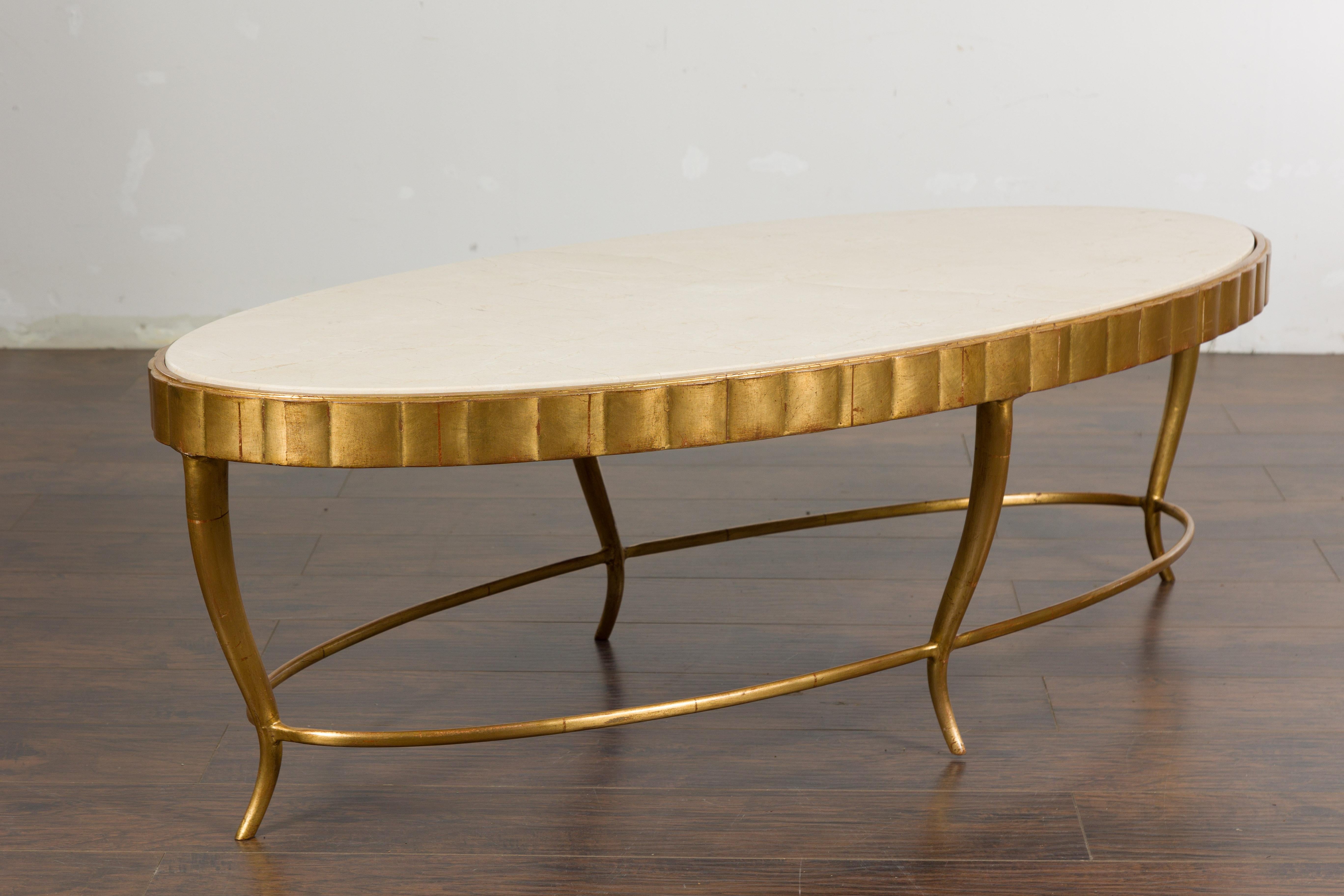 Italian Midcentury Gilt Metal Coffee Table with Oval Cream Marble Top 7