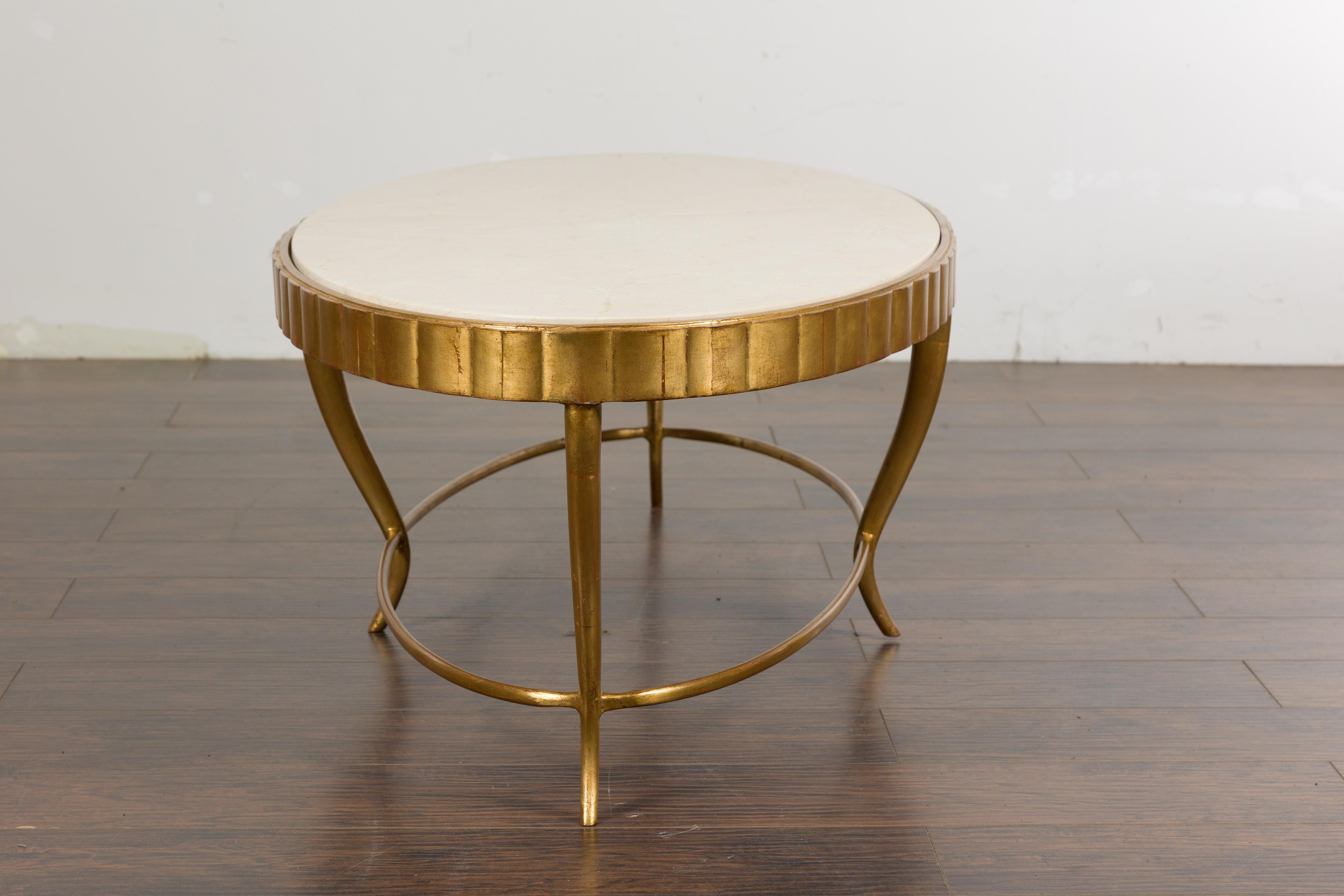 Italian Midcentury Gilt Metal Coffee Table with Oval Cream Marble Top 8