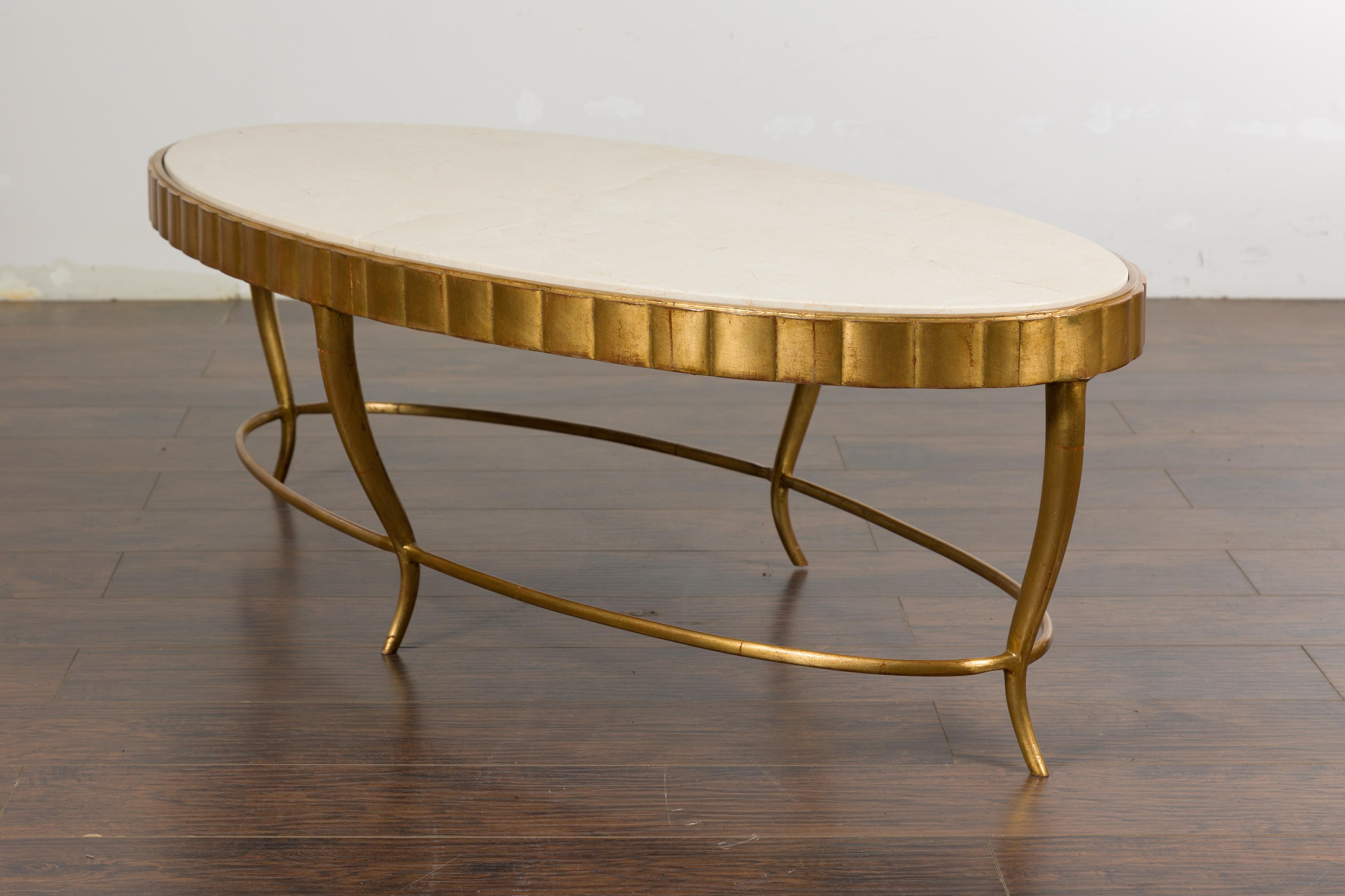 Italian Midcentury Gilt Metal Coffee Table with Oval Cream Marble Top 9