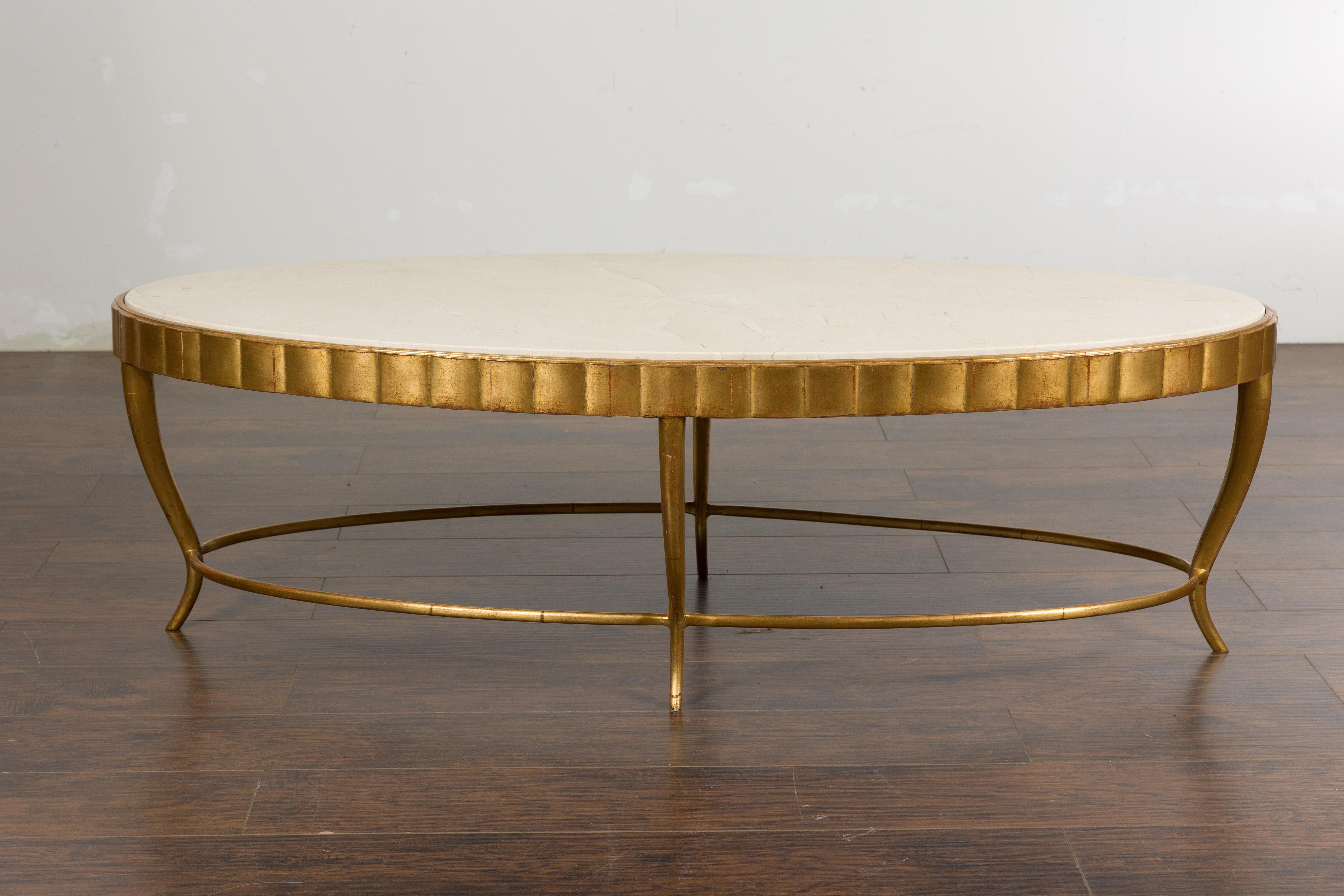 Italian Midcentury Gilt Metal Coffee Table with Oval Cream Marble Top 10