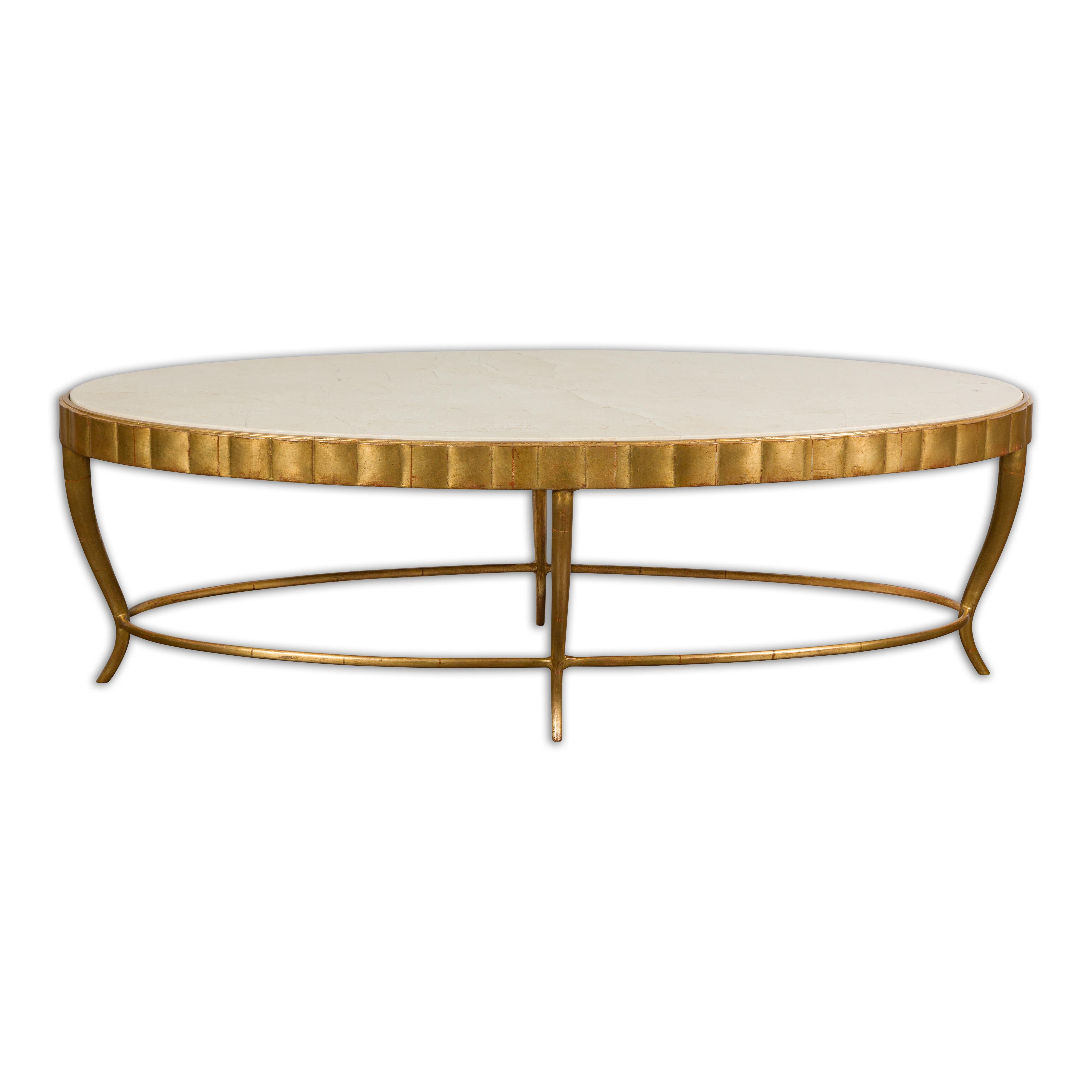 Italian Midcentury Gilt Metal Coffee Table with Oval Cream Marble Top 11