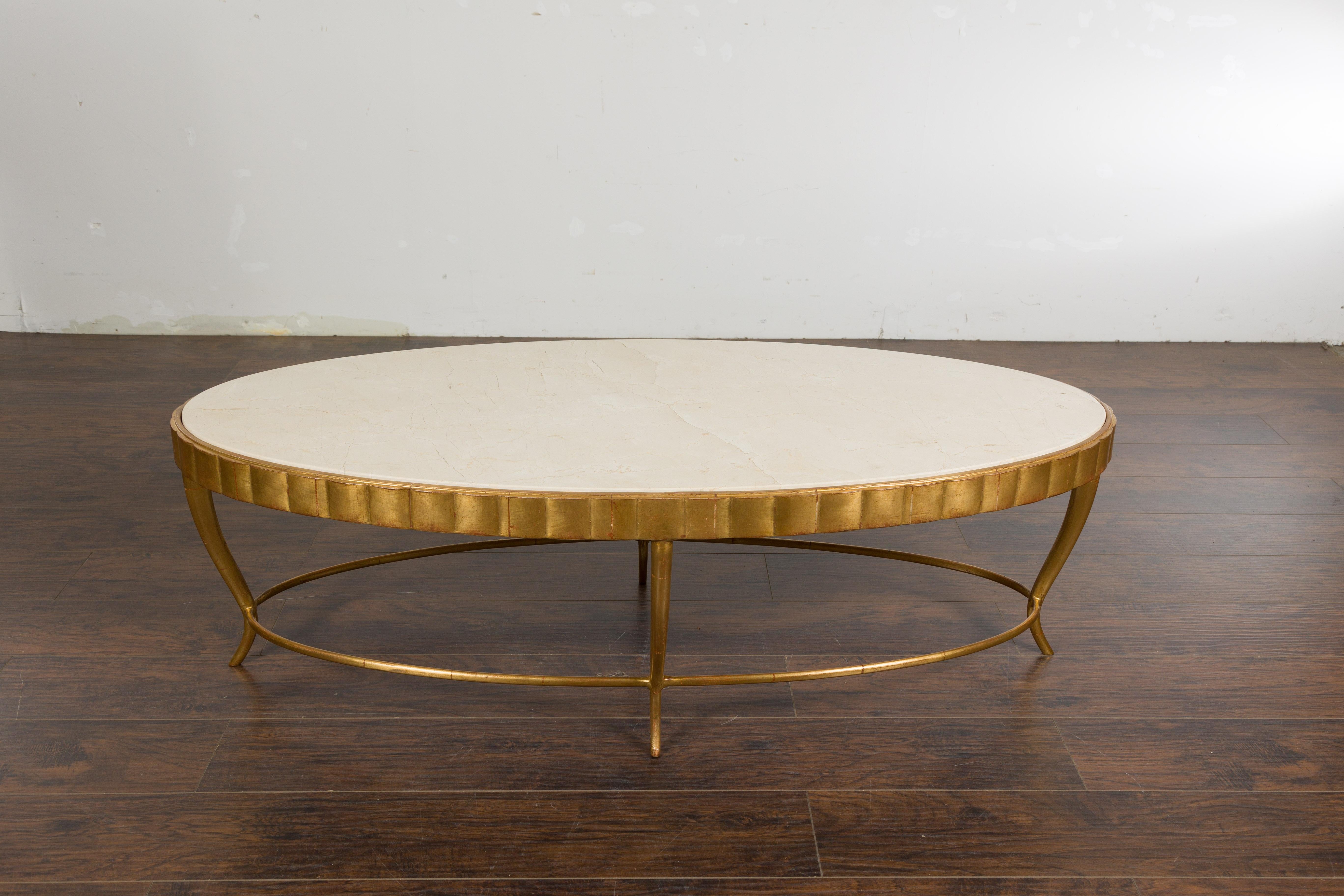 Mid-Century Modern Italian Midcentury Gilt Metal Coffee Table with Oval Cream Marble Top