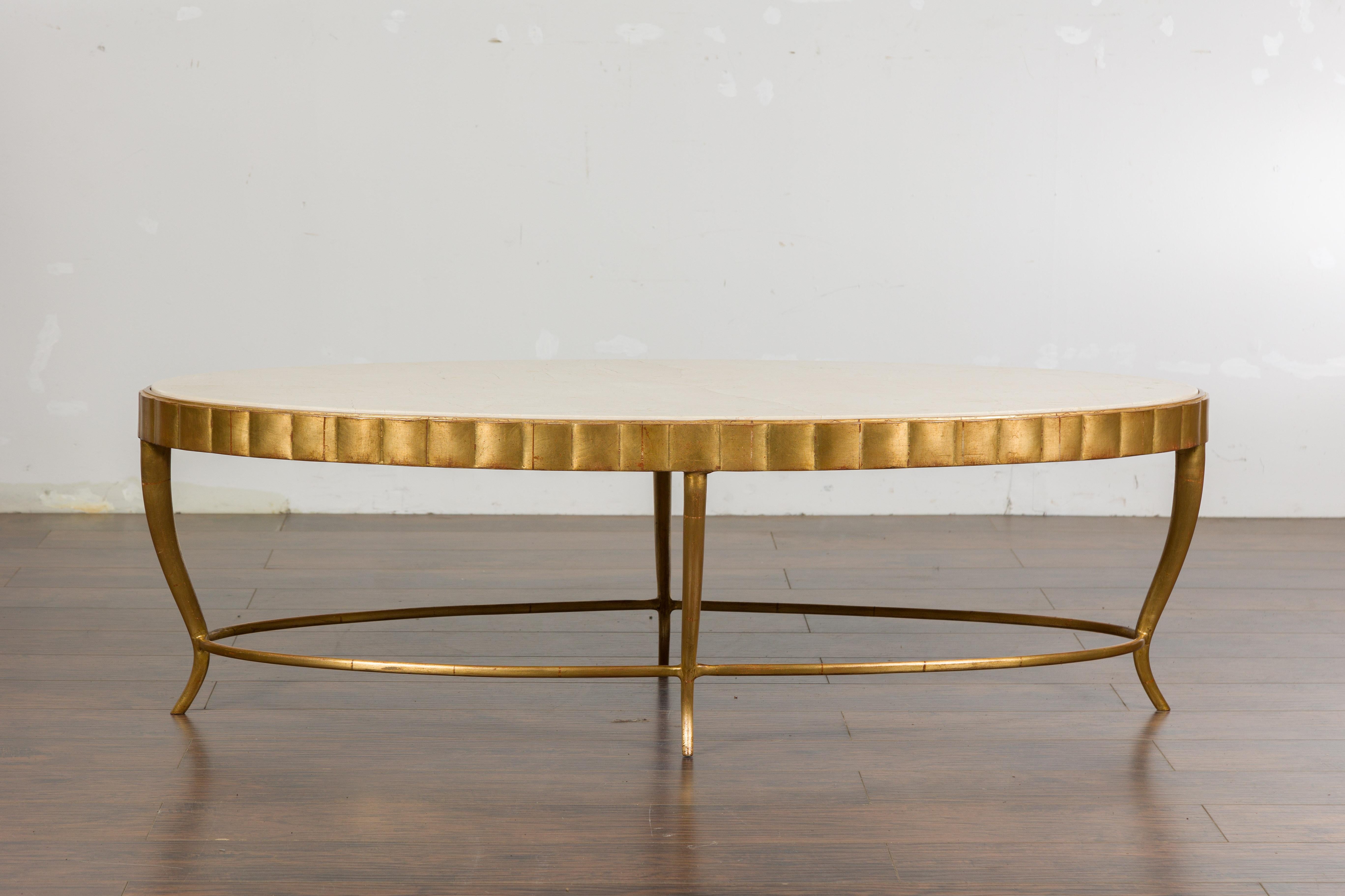 Italian Midcentury Gilt Metal Coffee Table with Oval Cream Marble Top In Good Condition In Atlanta, GA