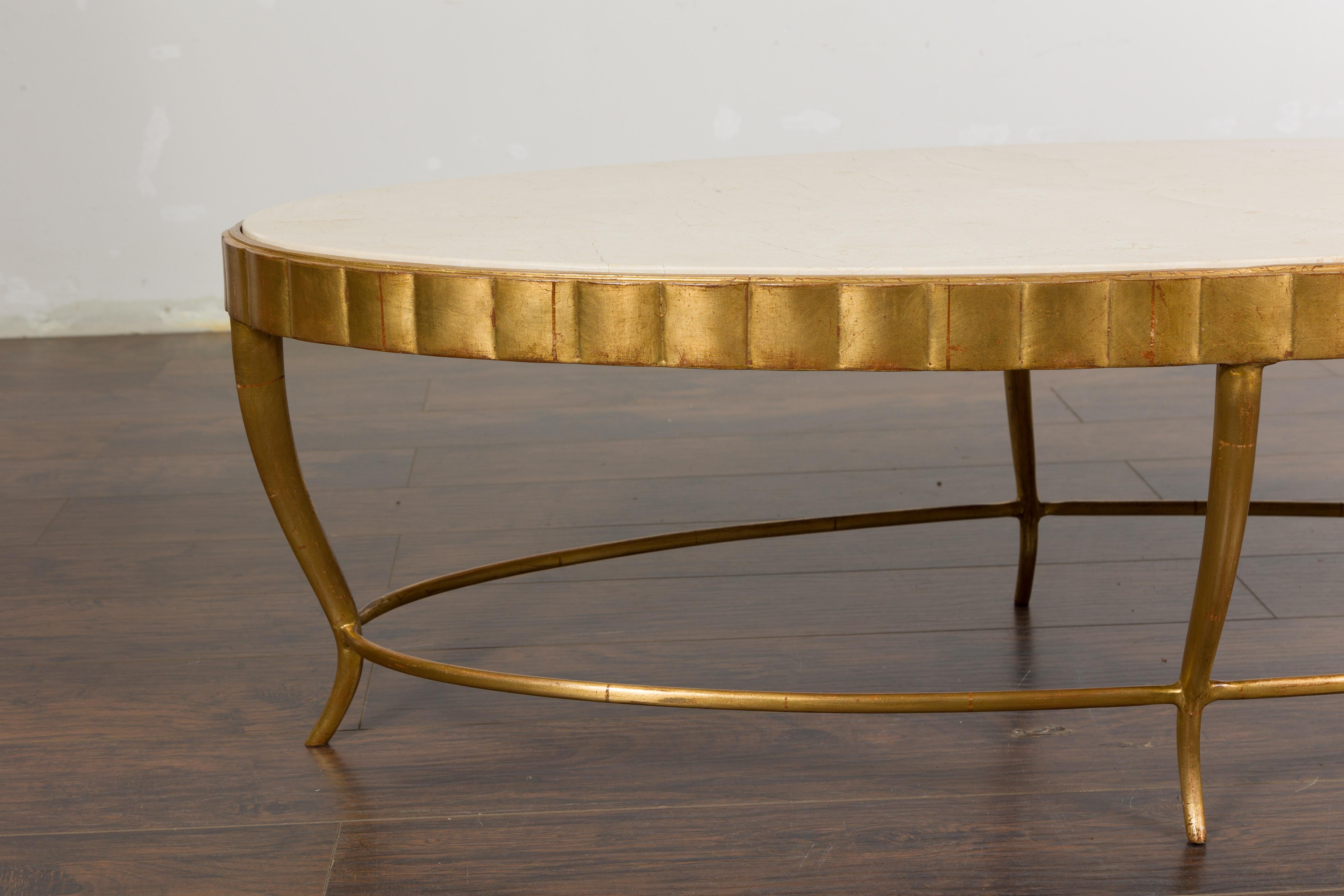20th Century Italian Midcentury Gilt Metal Coffee Table with Oval Cream Marble Top