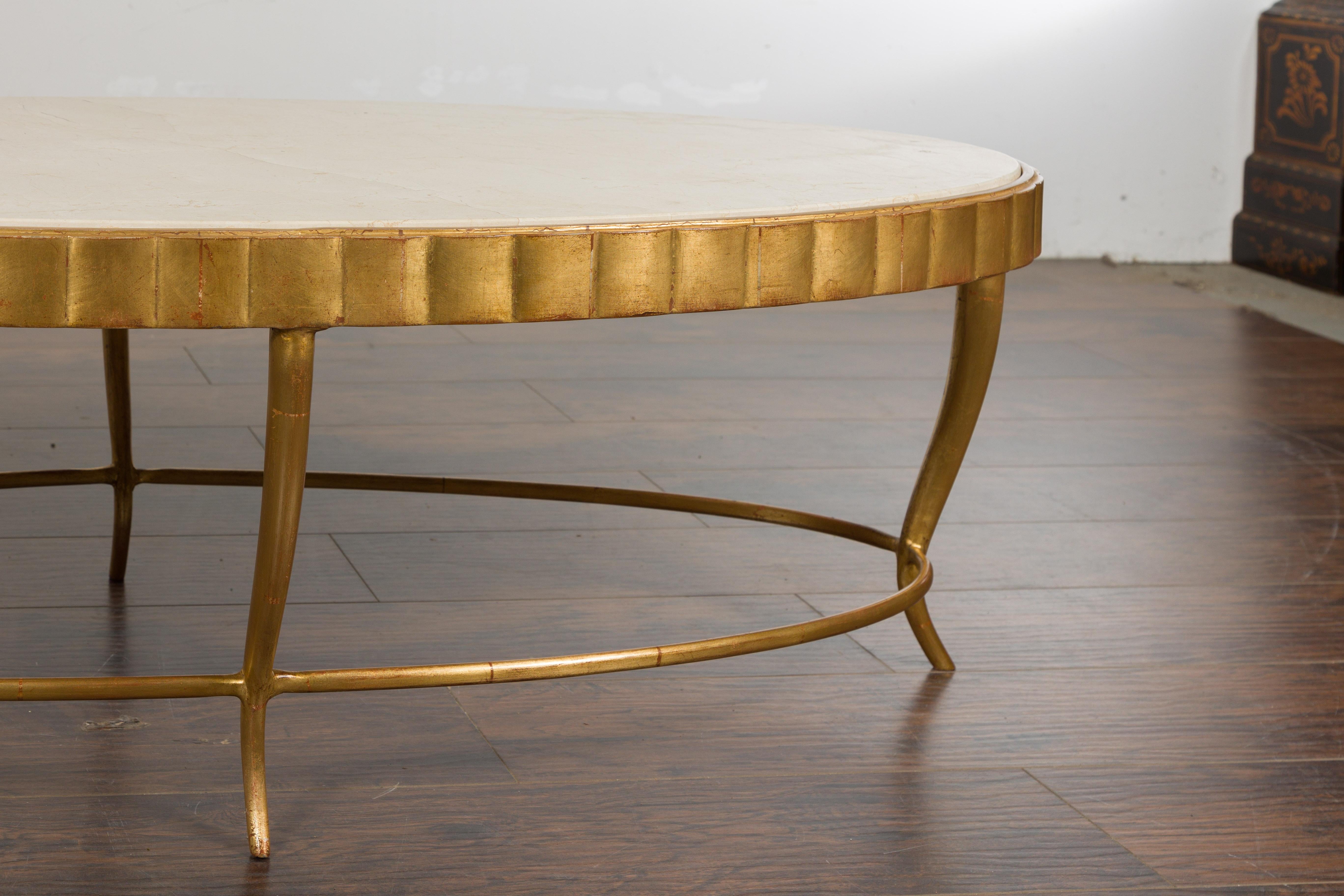 Italian Midcentury Gilt Metal Coffee Table with Oval Cream Marble Top 1