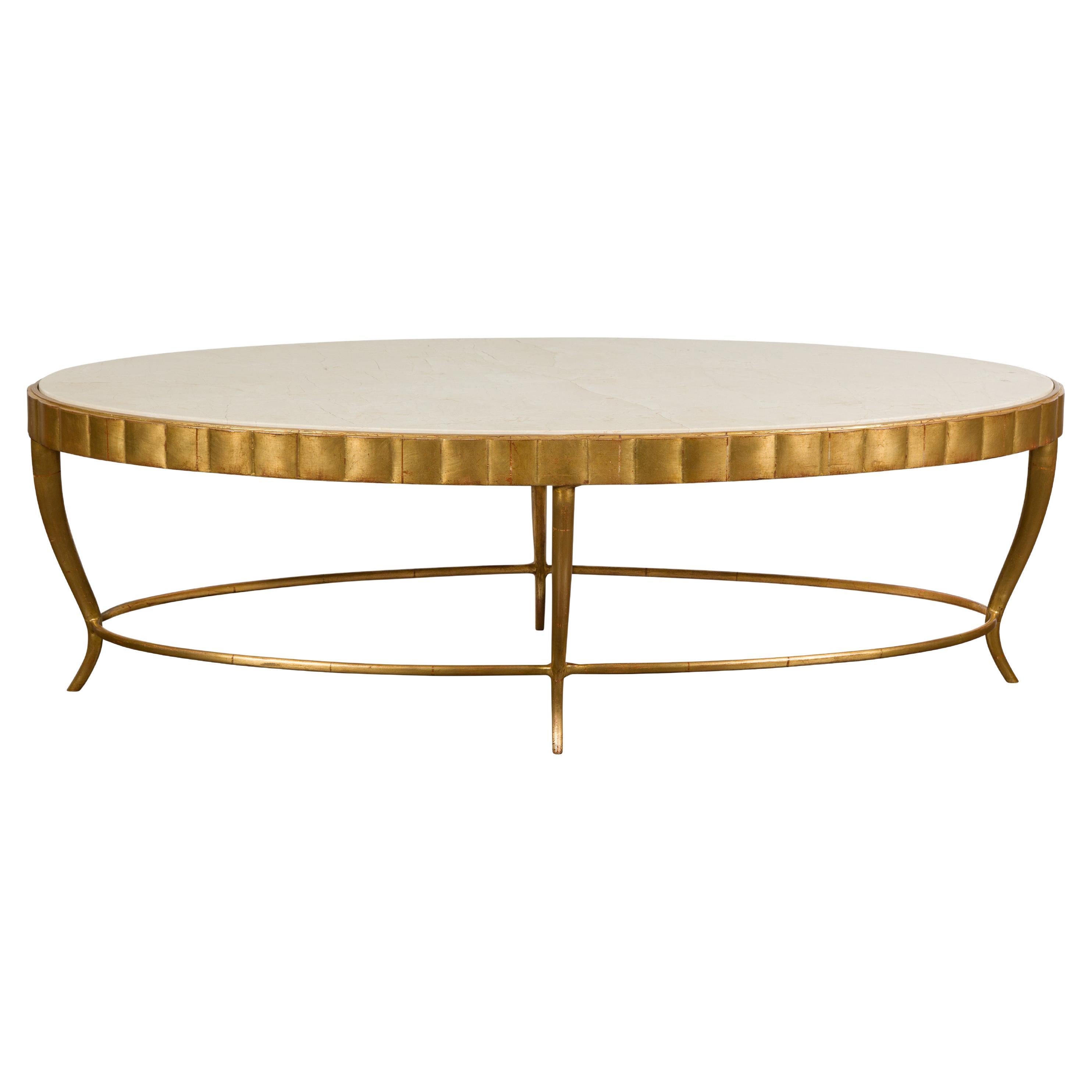 Italian Midcentury Gilt Metal Coffee Table with Oval Cream Marble Top