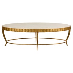 Italian Midcentury Gilt Metal Coffee Table with Oval Cream Marble Top