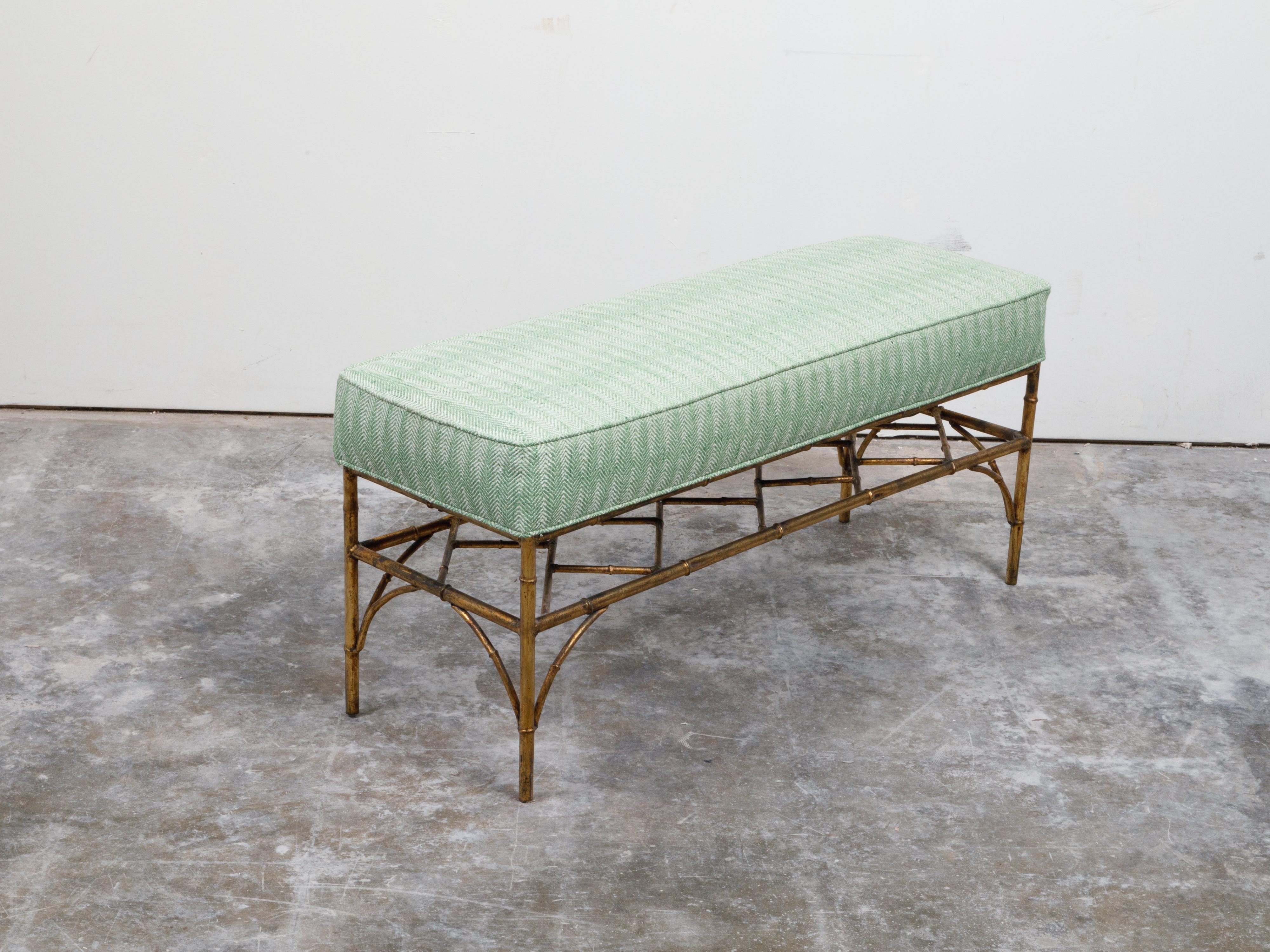 Italian Midcentury Gilt Metal Faux Bamboo Bench with Green Upholstered Seat For Sale 4