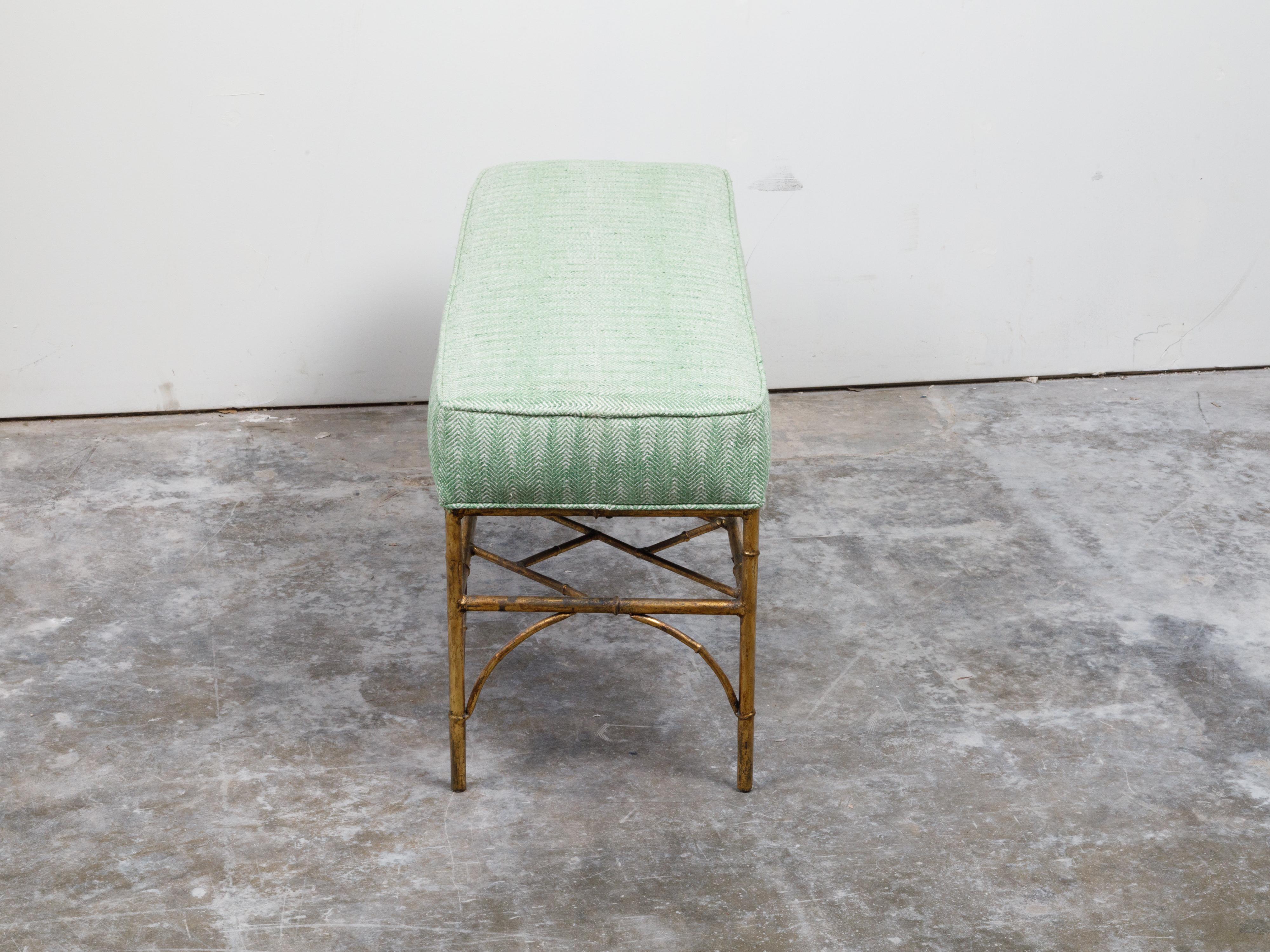 Italian Midcentury Gilt Metal Faux Bamboo Bench with Green Upholstered Seat 4