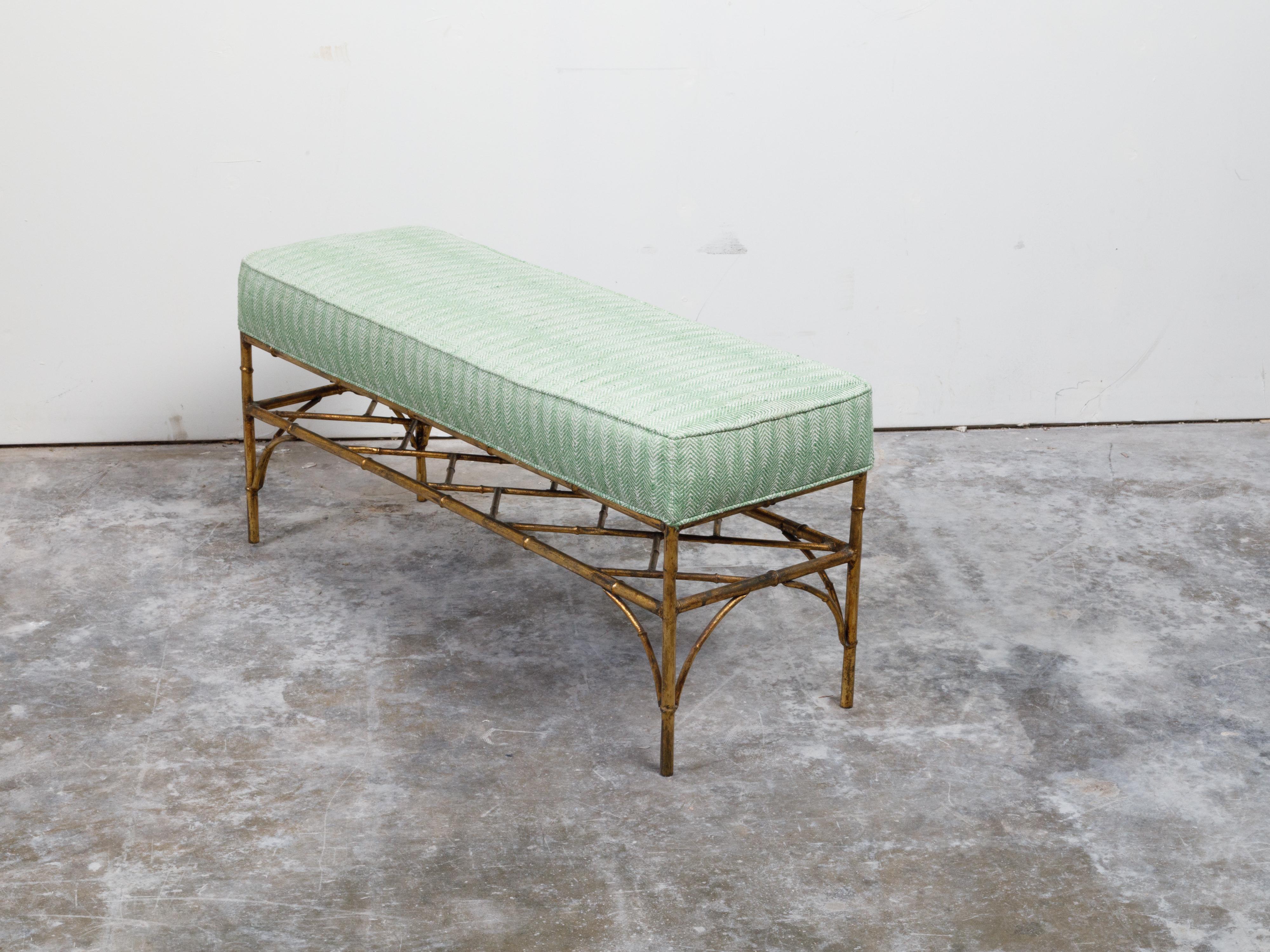 Italian Midcentury Gilt Metal Faux Bamboo Bench with Green Upholstered Seat For Sale 6