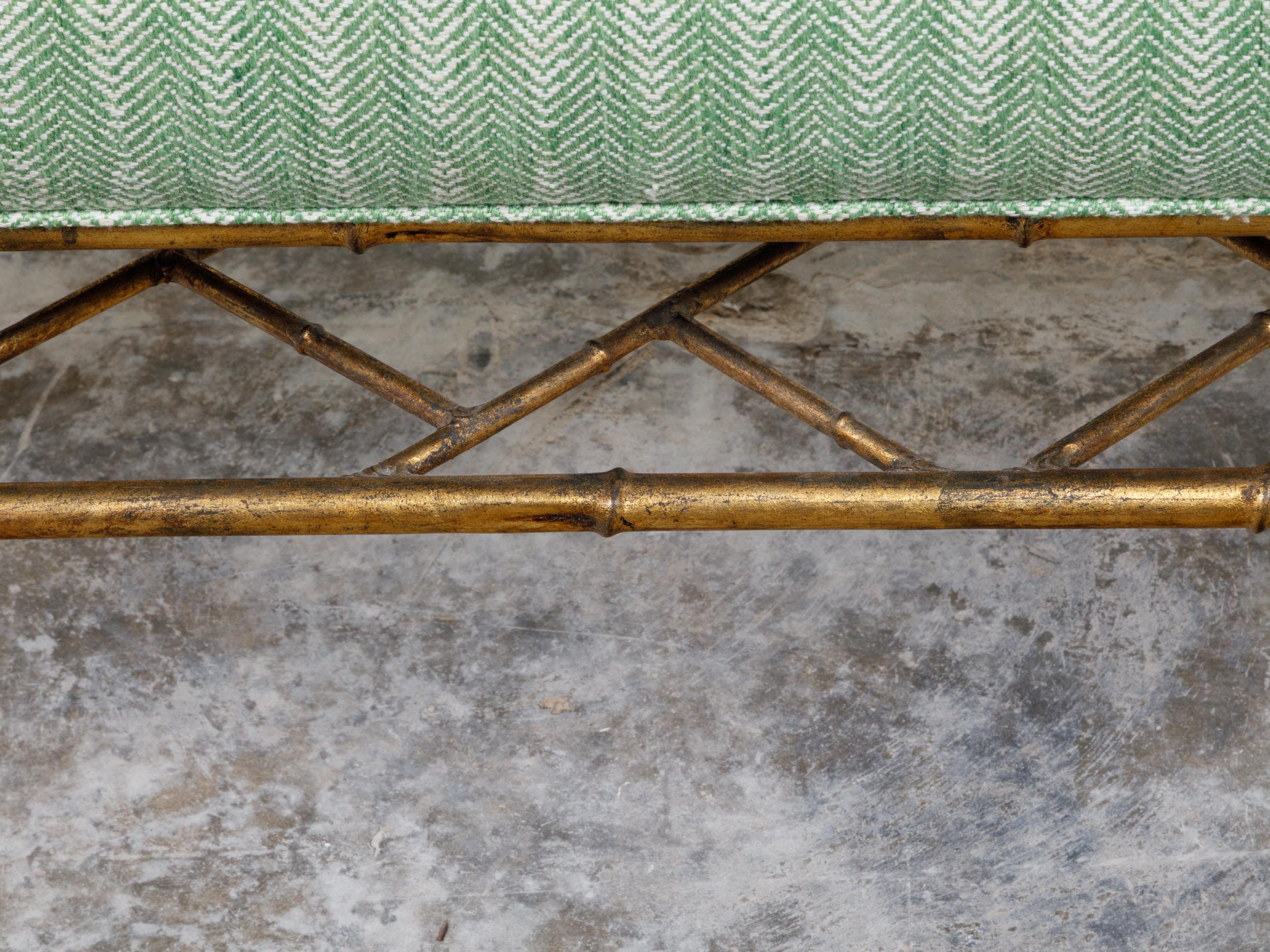 Mid-Century Modern Italian Midcentury Gilt Metal Faux Bamboo Bench with Green Upholstered Seat For Sale