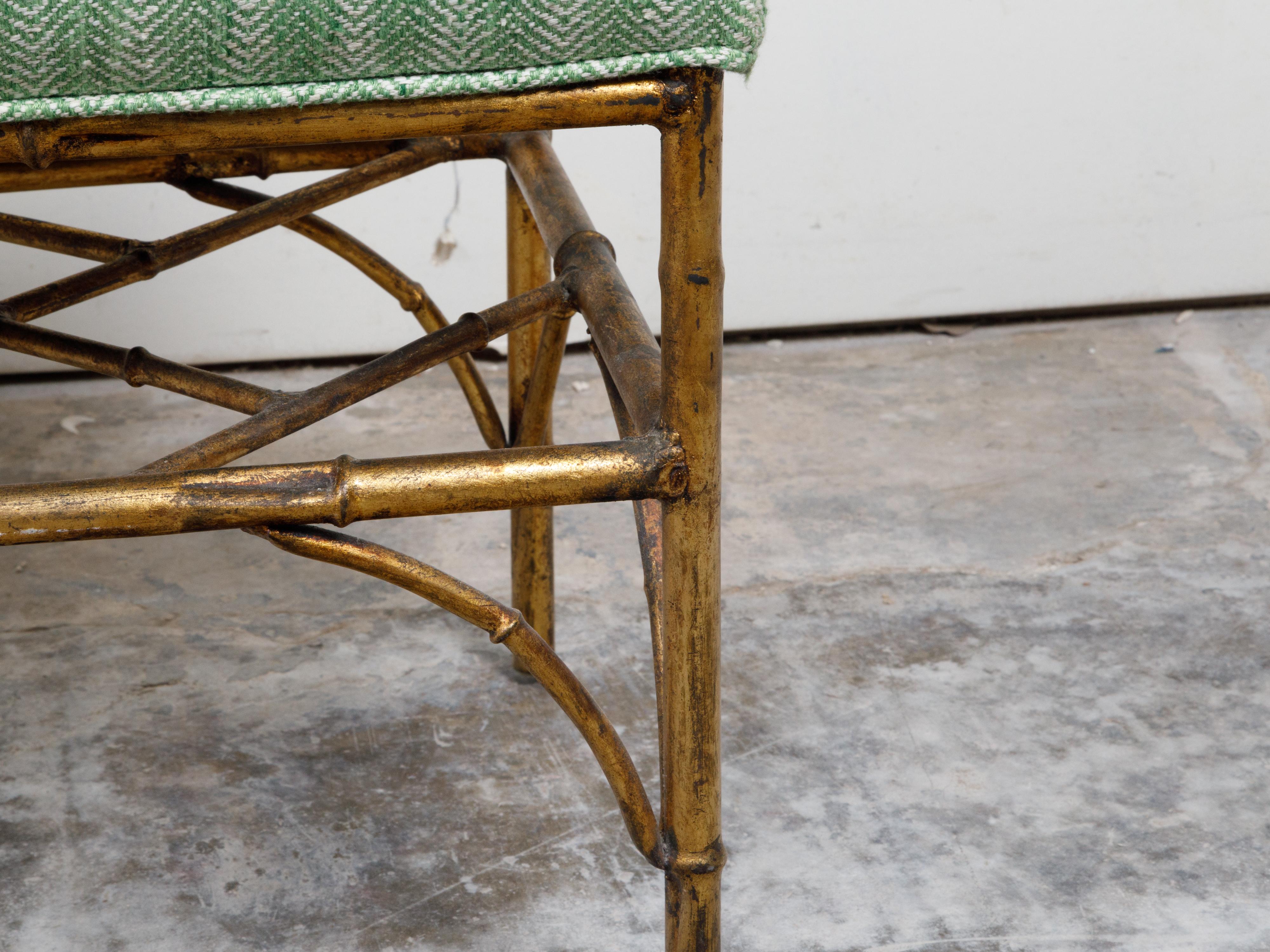 Italian Midcentury Gilt Metal Faux Bamboo Bench with Green Upholstered Seat In Good Condition For Sale In Atlanta, GA