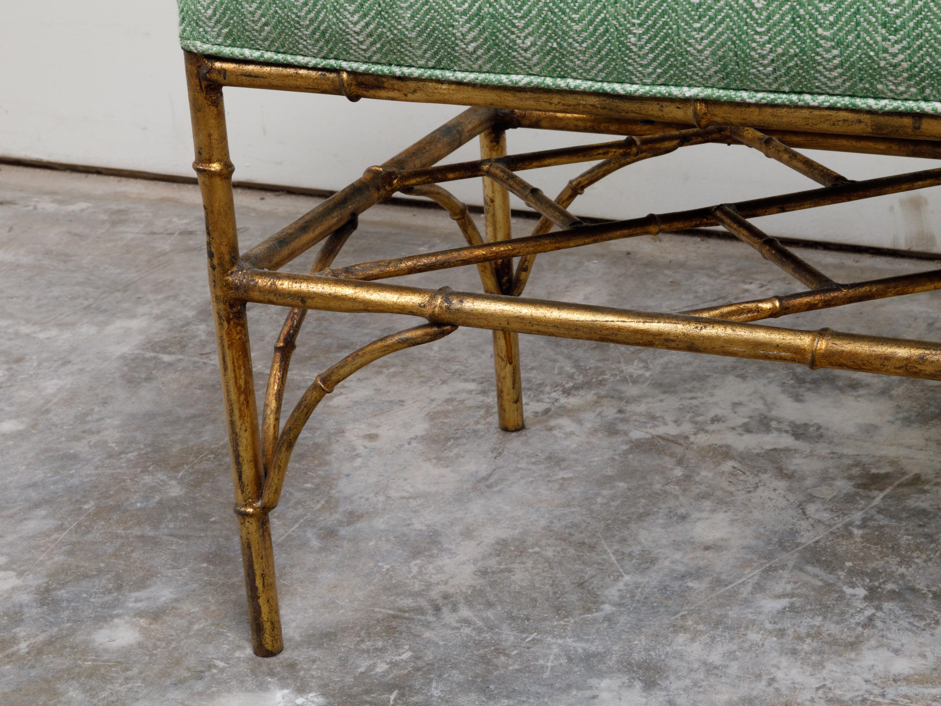 Italian Midcentury Gilt Metal Faux Bamboo Bench with Green Upholstered Seat In Good Condition For Sale In Atlanta, GA