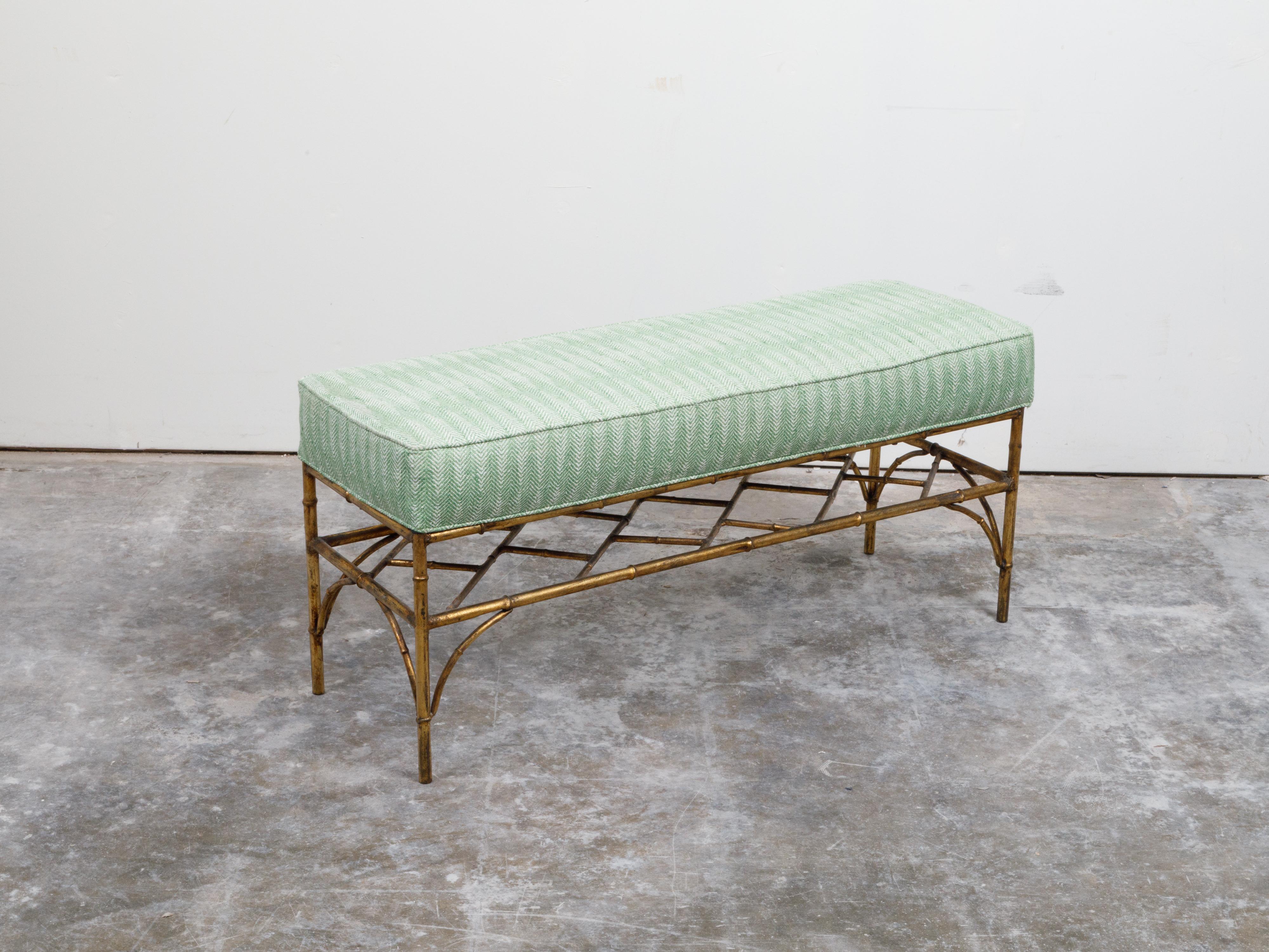 20th Century Italian Midcentury Gilt Metal Faux Bamboo Bench with Green Upholstered Seat For Sale