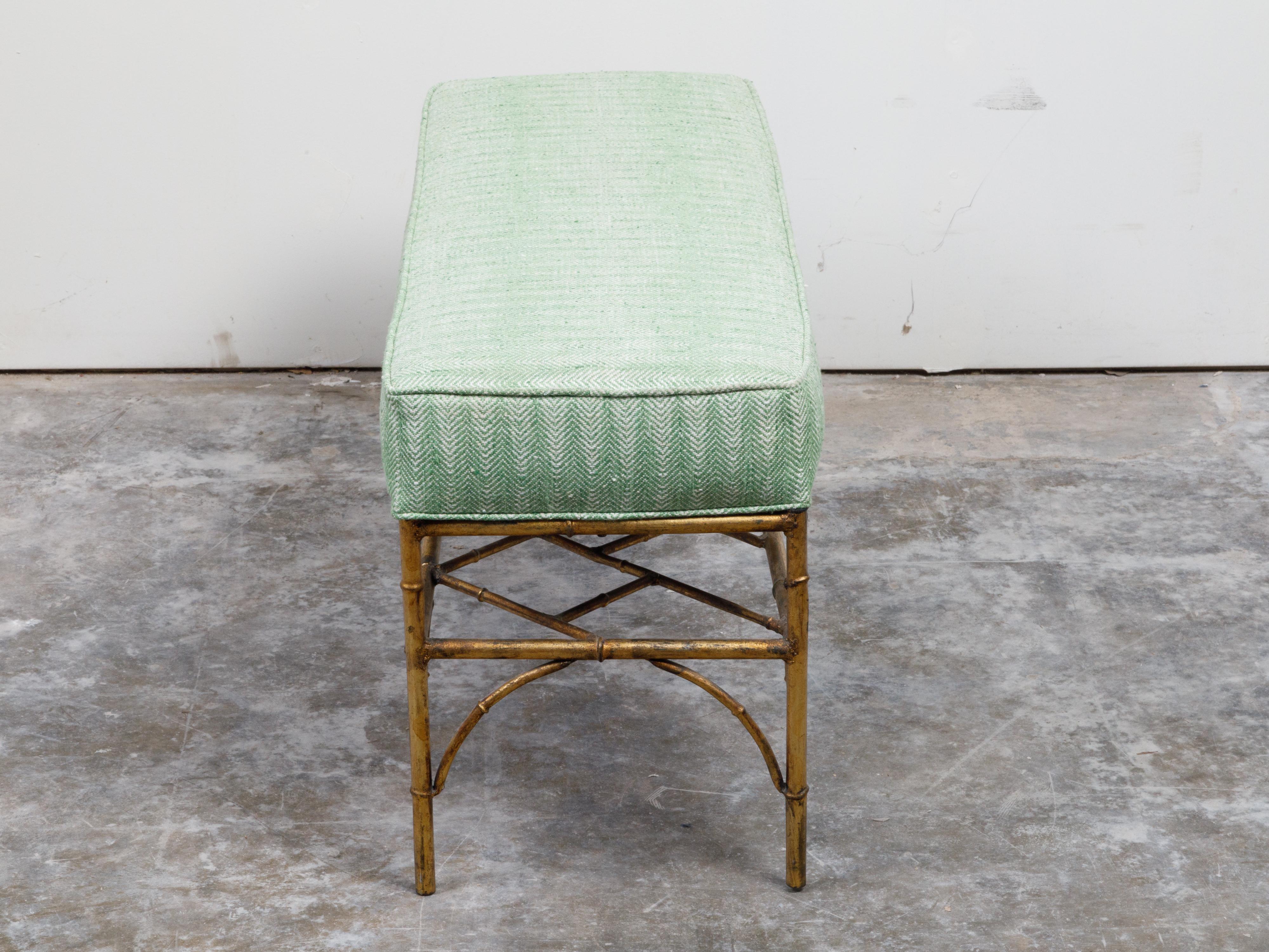 Italian Midcentury Gilt Metal Faux Bamboo Bench with Green Upholstered Seat For Sale 2