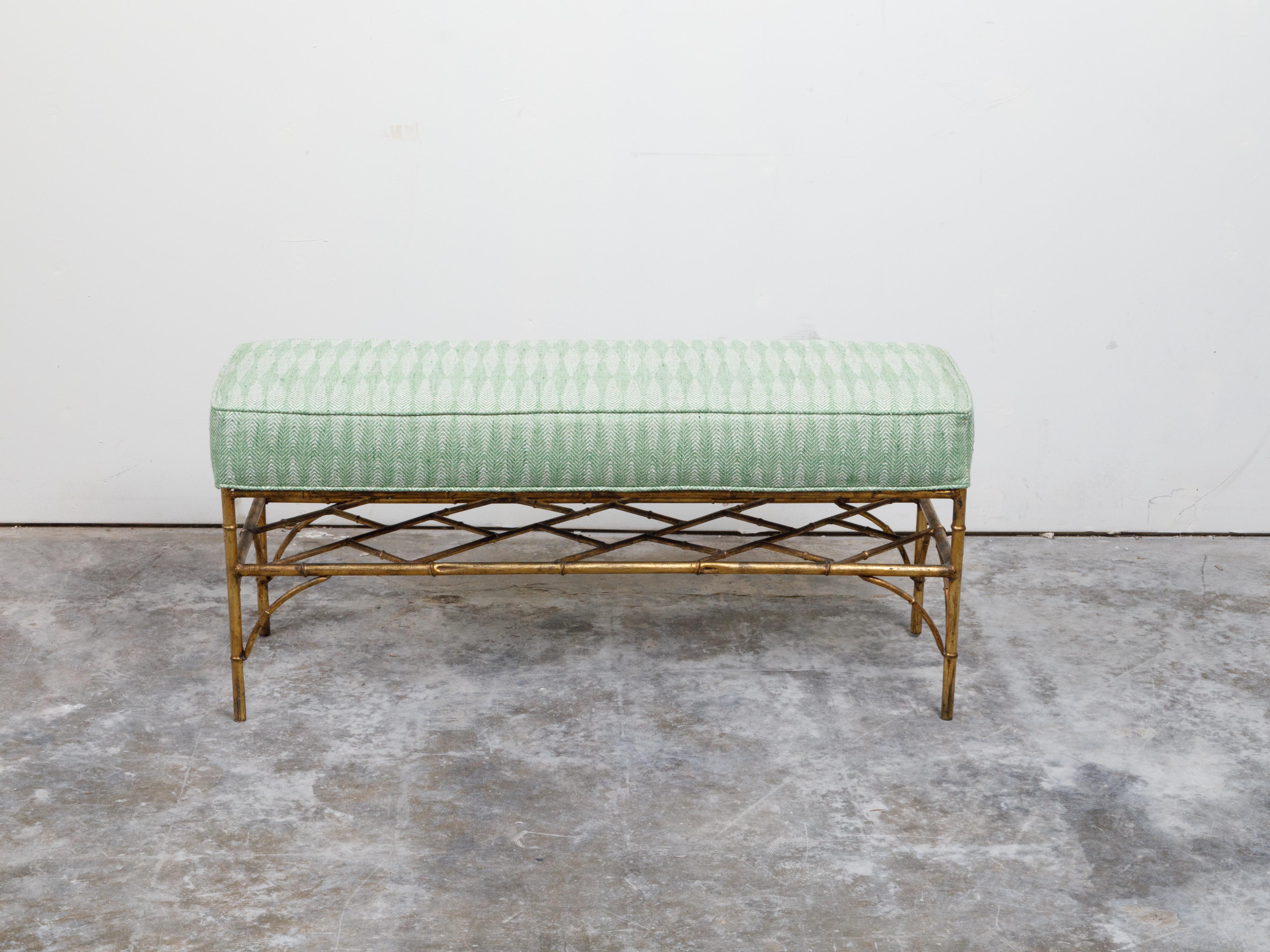 Italian Midcentury Gilt Metal Faux Bamboo Bench with Green Upholstered Seat For Sale 2