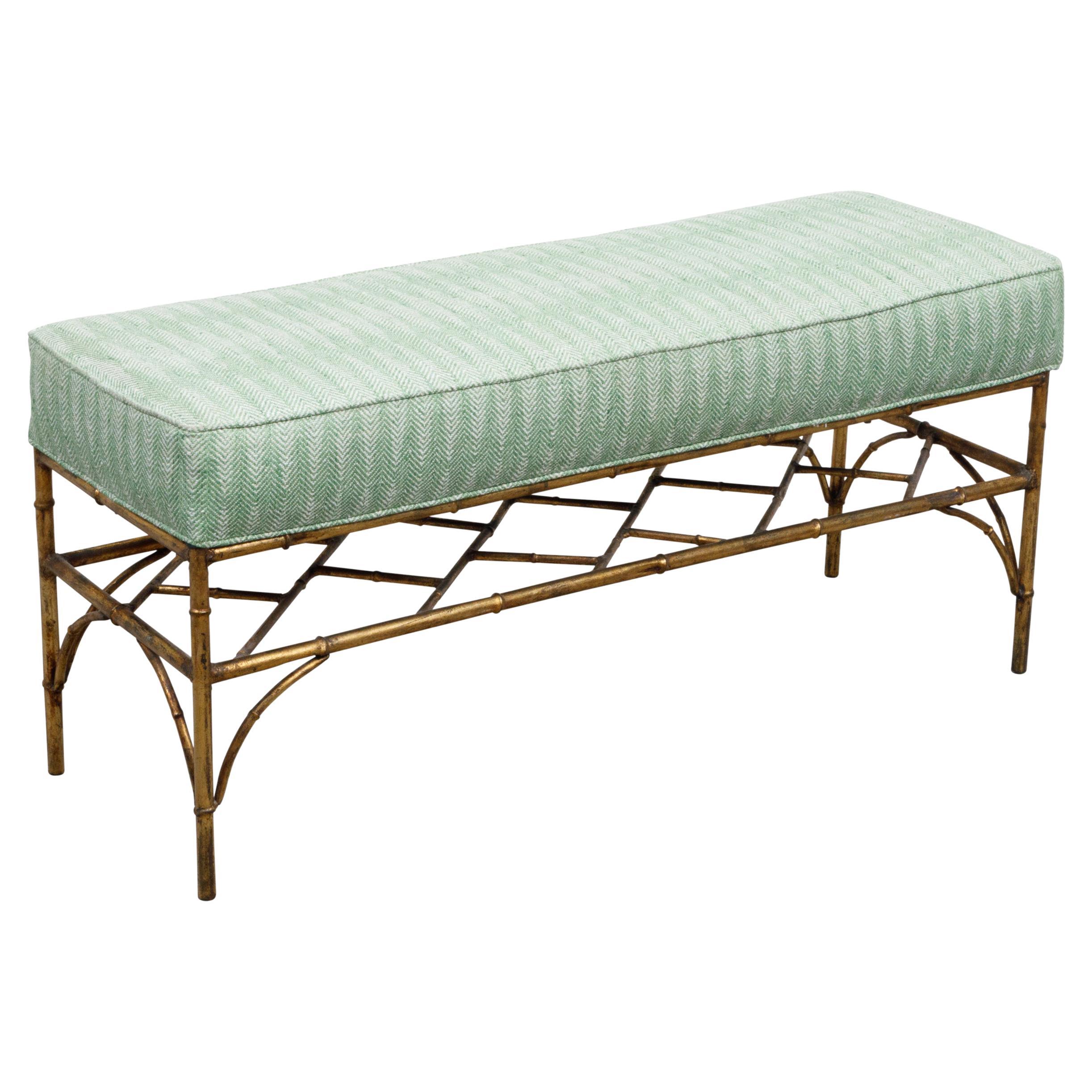 Italian Midcentury Gilt Metal Faux Bamboo Bench with Green Upholstered Seat For Sale