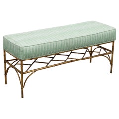 Italian Midcentury Gilt Metal Faux Bamboo Bench with Green Upholstered Seat