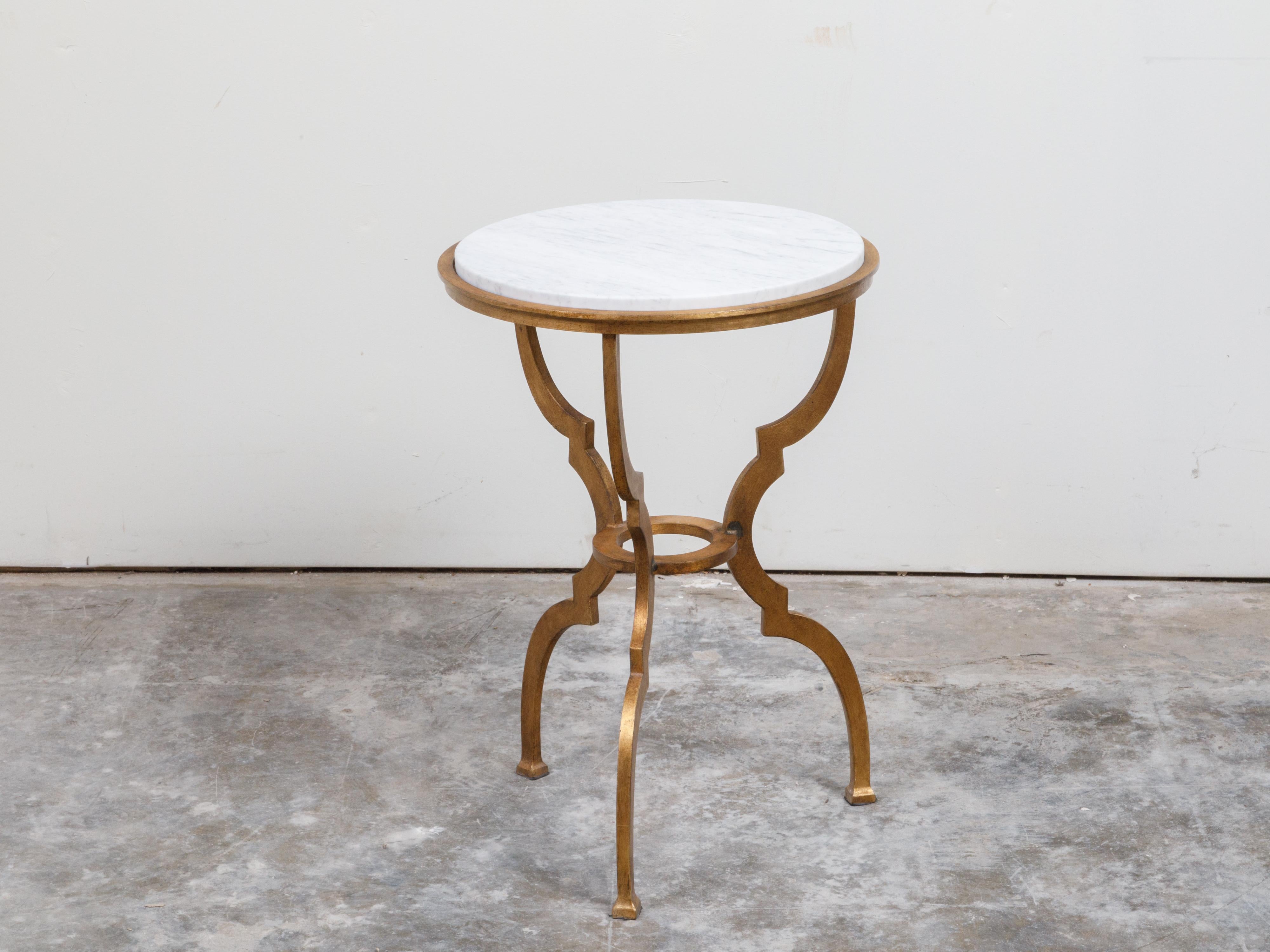 Italian Midcentury Gilt Metal Side Table with Marble Top and Scrolling Legs For Sale 2