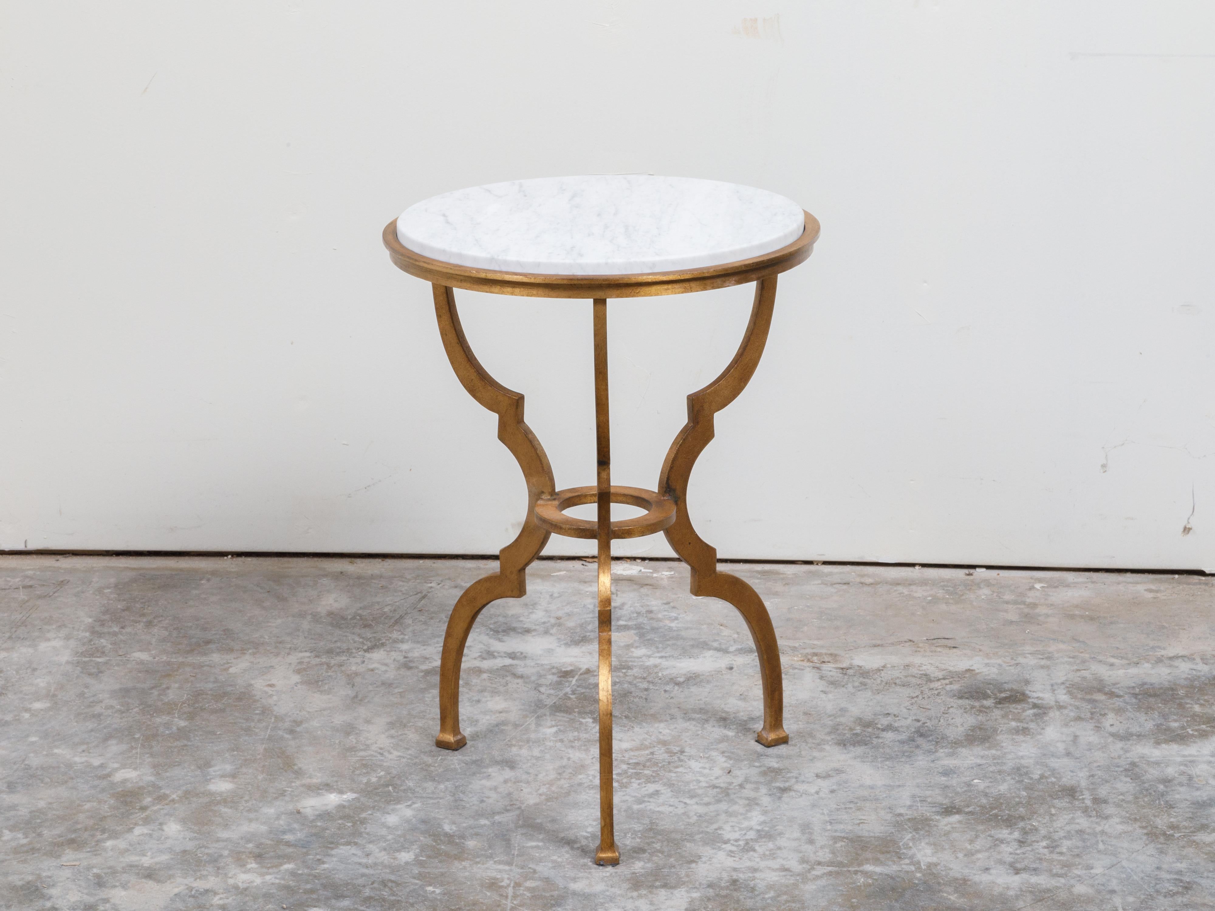 Italian Midcentury Gilt Metal Side Table with Marble Top and Scrolling Legs For Sale 3