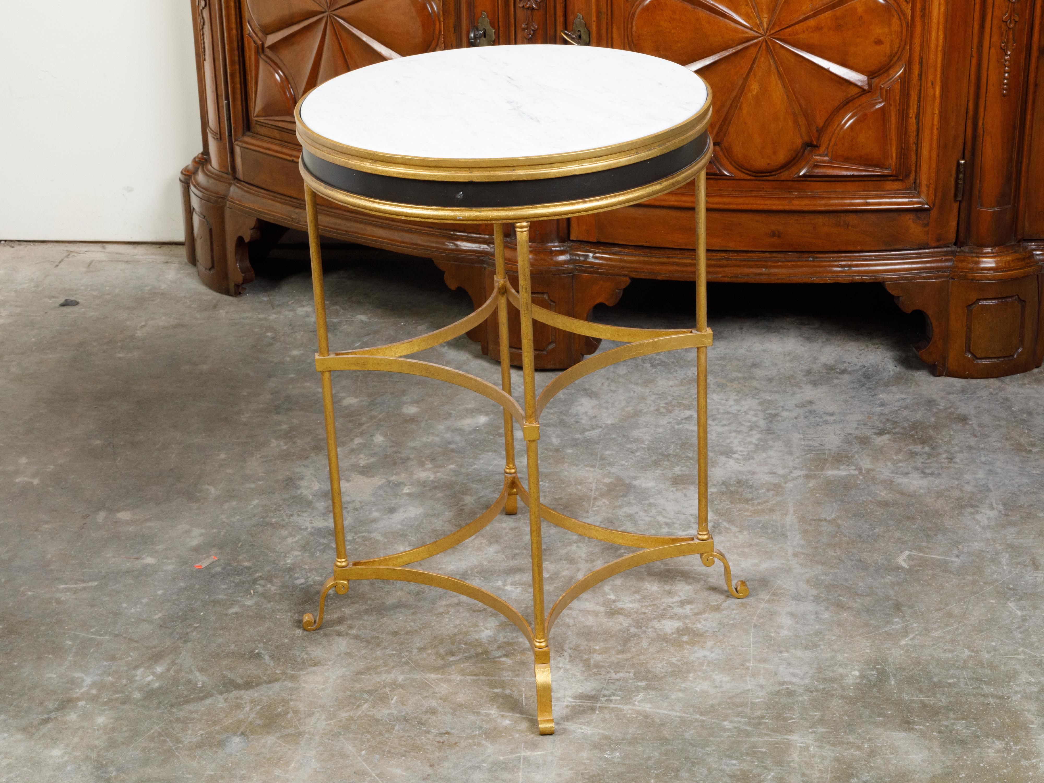 Italian Midcentury Gilt Metal Table with Marble Top and In-Curving Stretchers For Sale 5