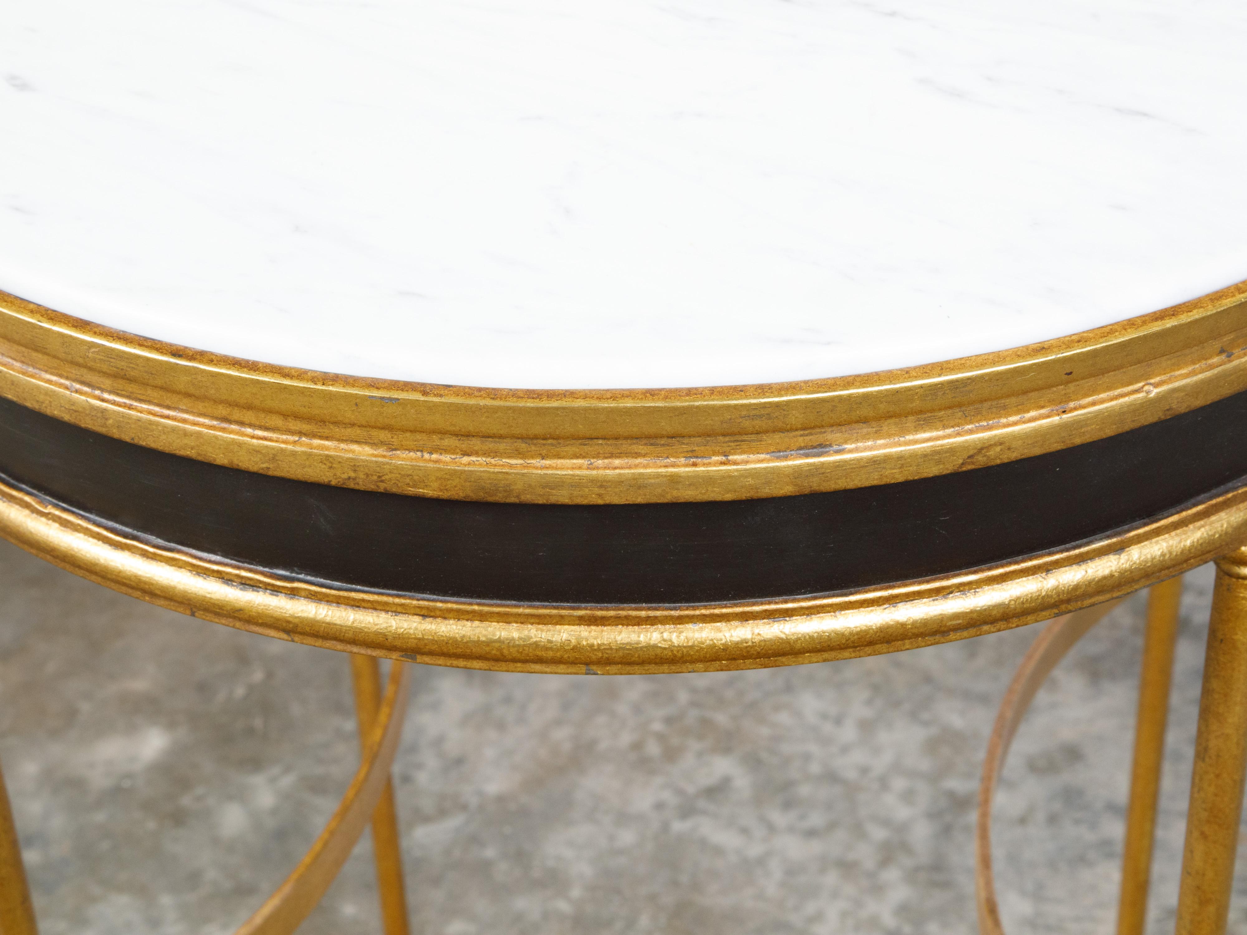 Mid-Century Modern Italian Midcentury Gilt Metal Table with Marble Top and In-Curving Stretchers For Sale