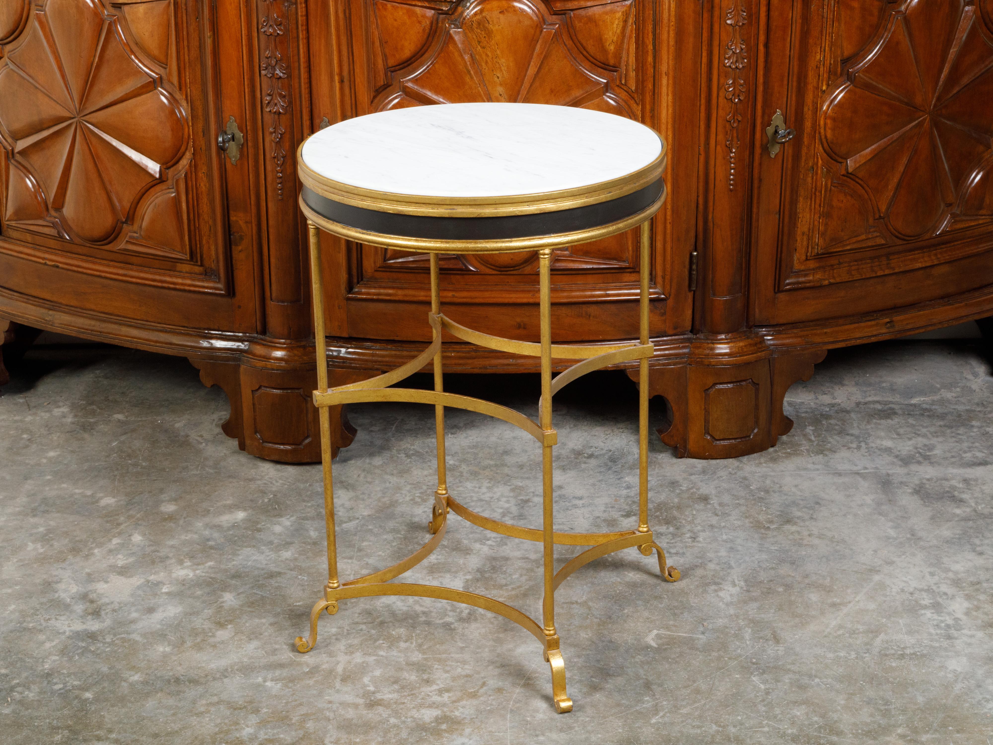 Italian Midcentury Gilt Metal Table with Marble Top and In-Curving Stretchers For Sale 1