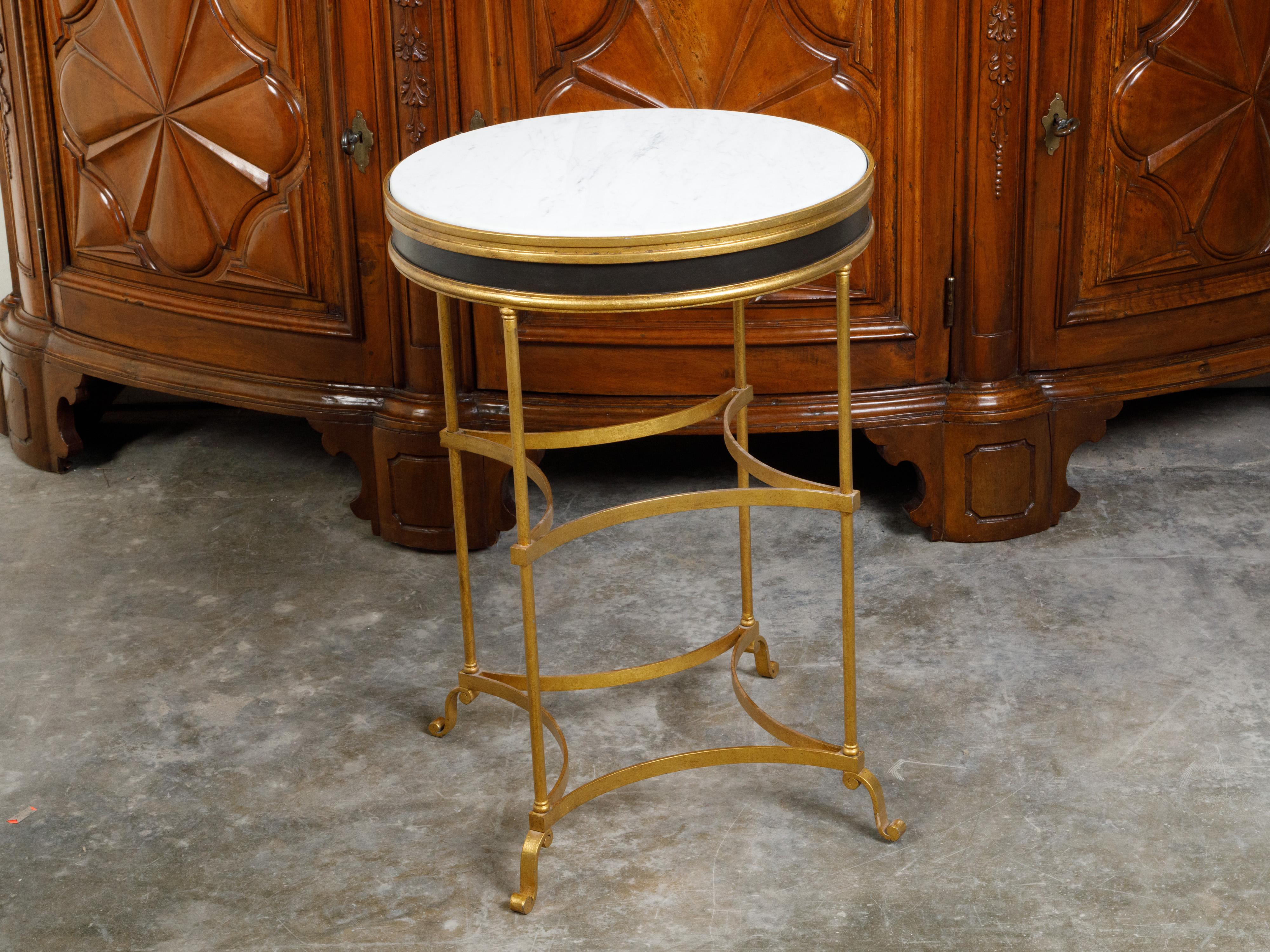Italian Midcentury Gilt Metal Table with Marble Top and In-Curving Stretchers For Sale 2